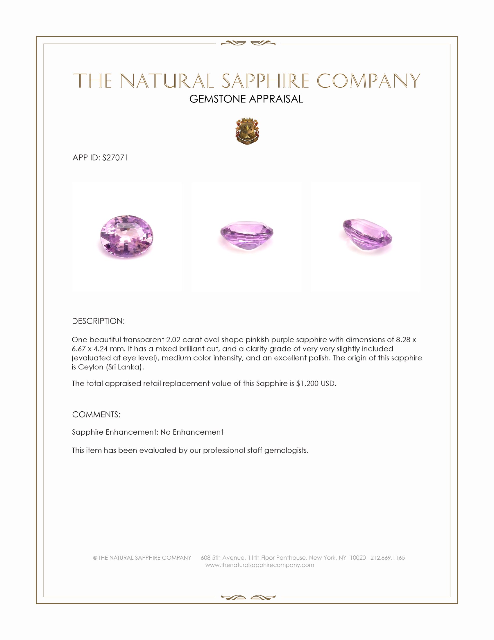 2.02 Ct. Pinkish Purple Sapphire from Ceylon (Sri Lanka)