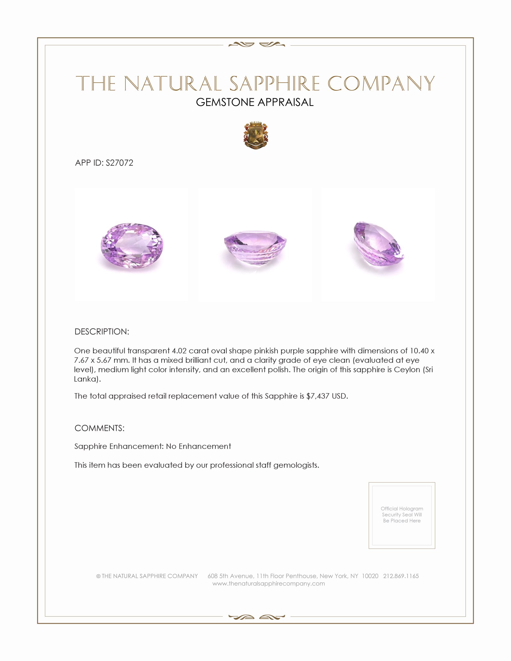4.02 Ct. Pinkish Purple Sapphire from Ceylon (Sri Lanka)