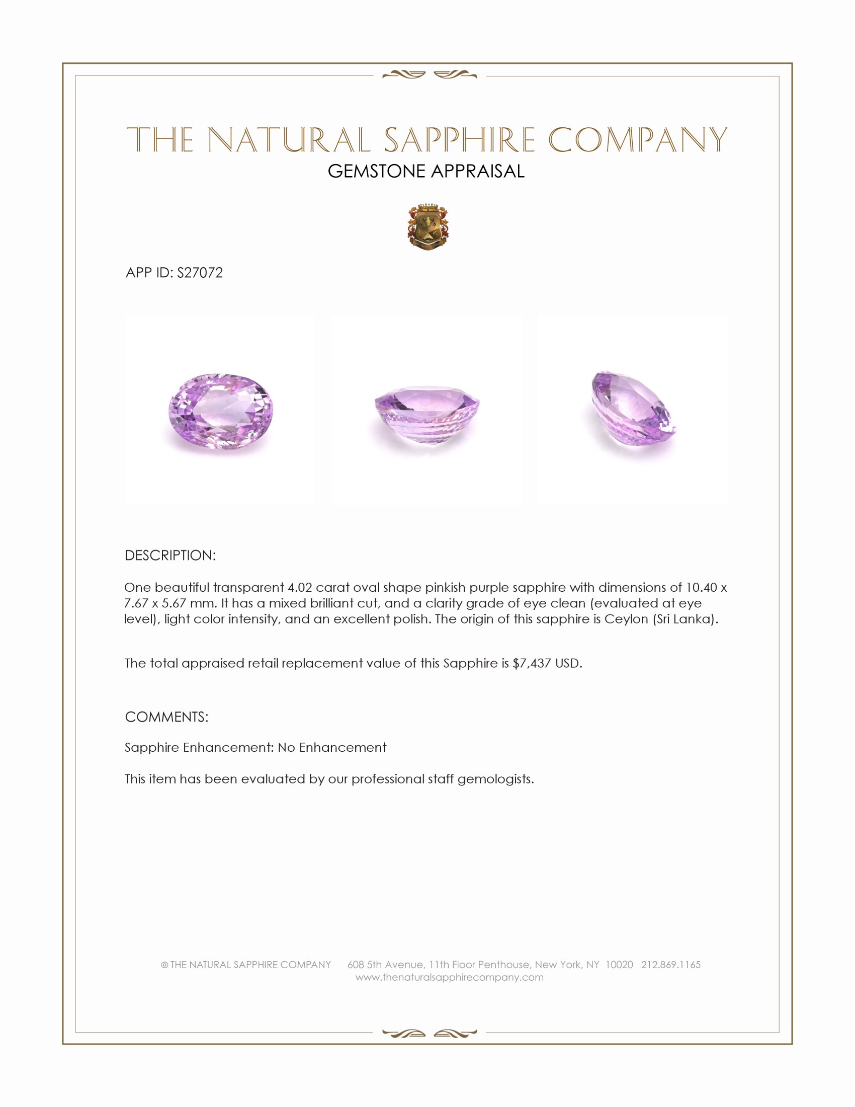 4.02 Ct. Pinkish Purple Sapphire from Ceylon (Sri Lanka)