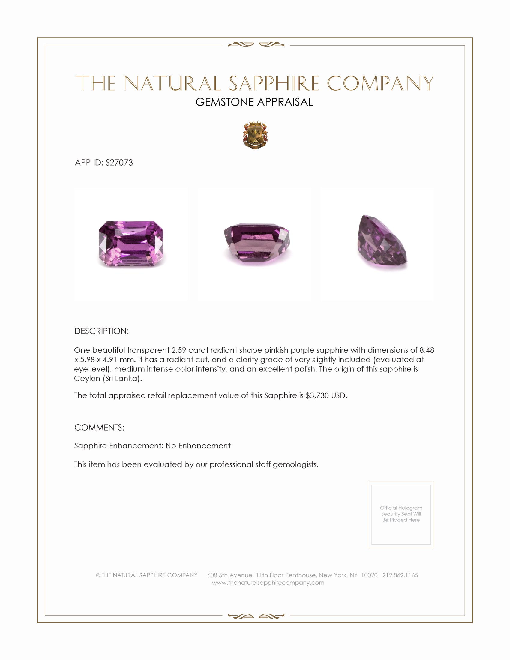 2.59 Ct. Pinkish Purple Sapphire from Ceylon (Sri Lanka)