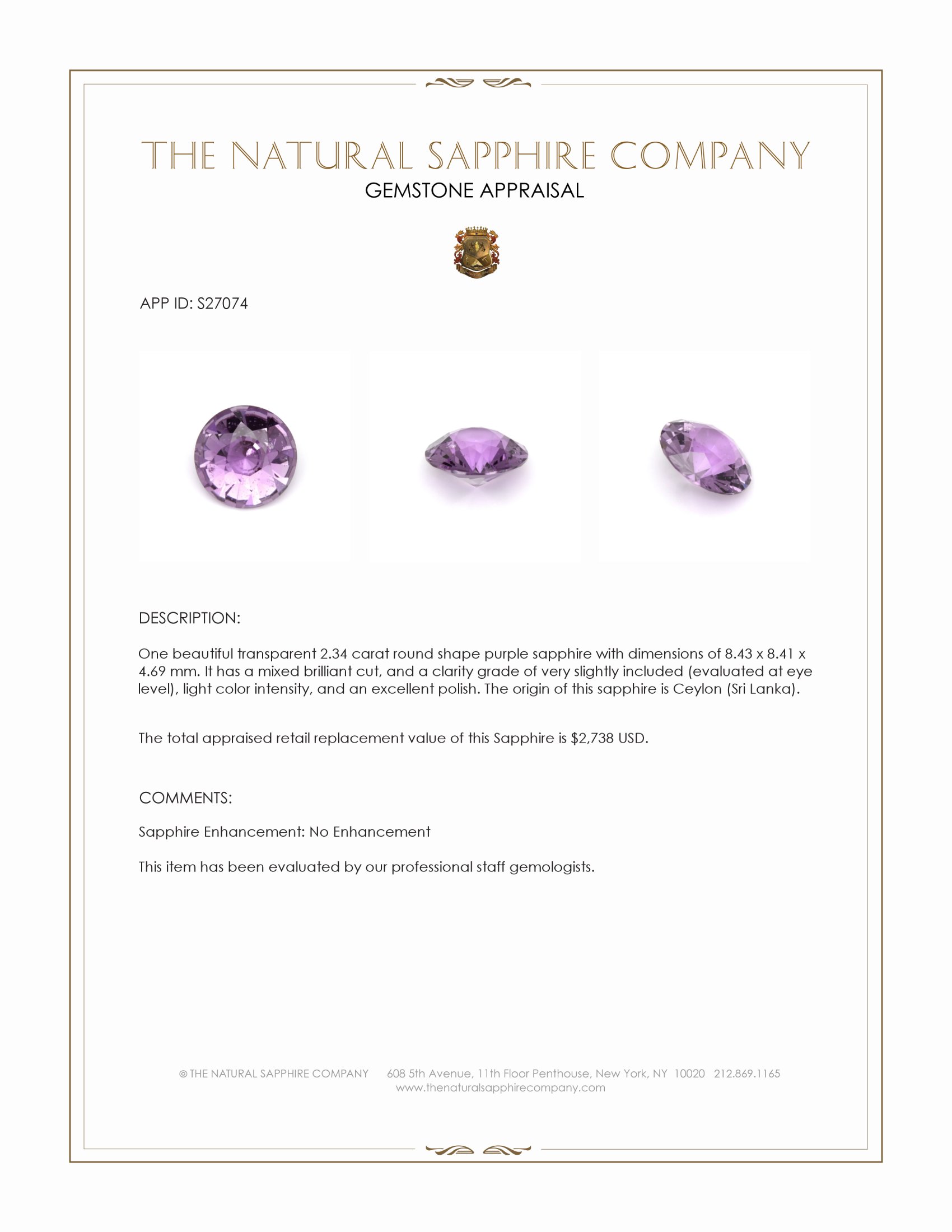 2.34 Ct. Purple Sapphire from Ceylon (Sri Lanka)