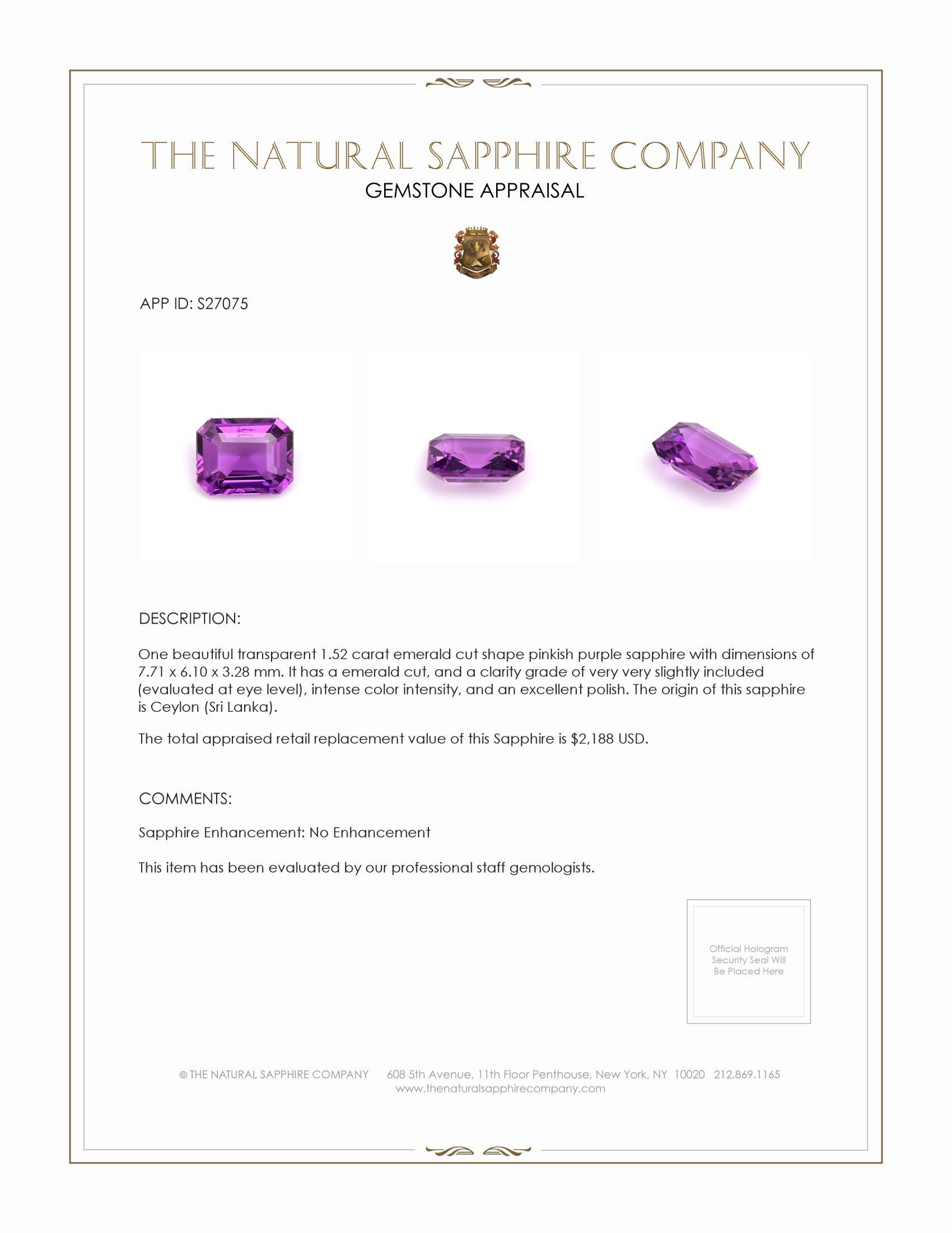 1.52 Ct. Pinkish Purple Sapphire from Ceylon (Sri Lanka)