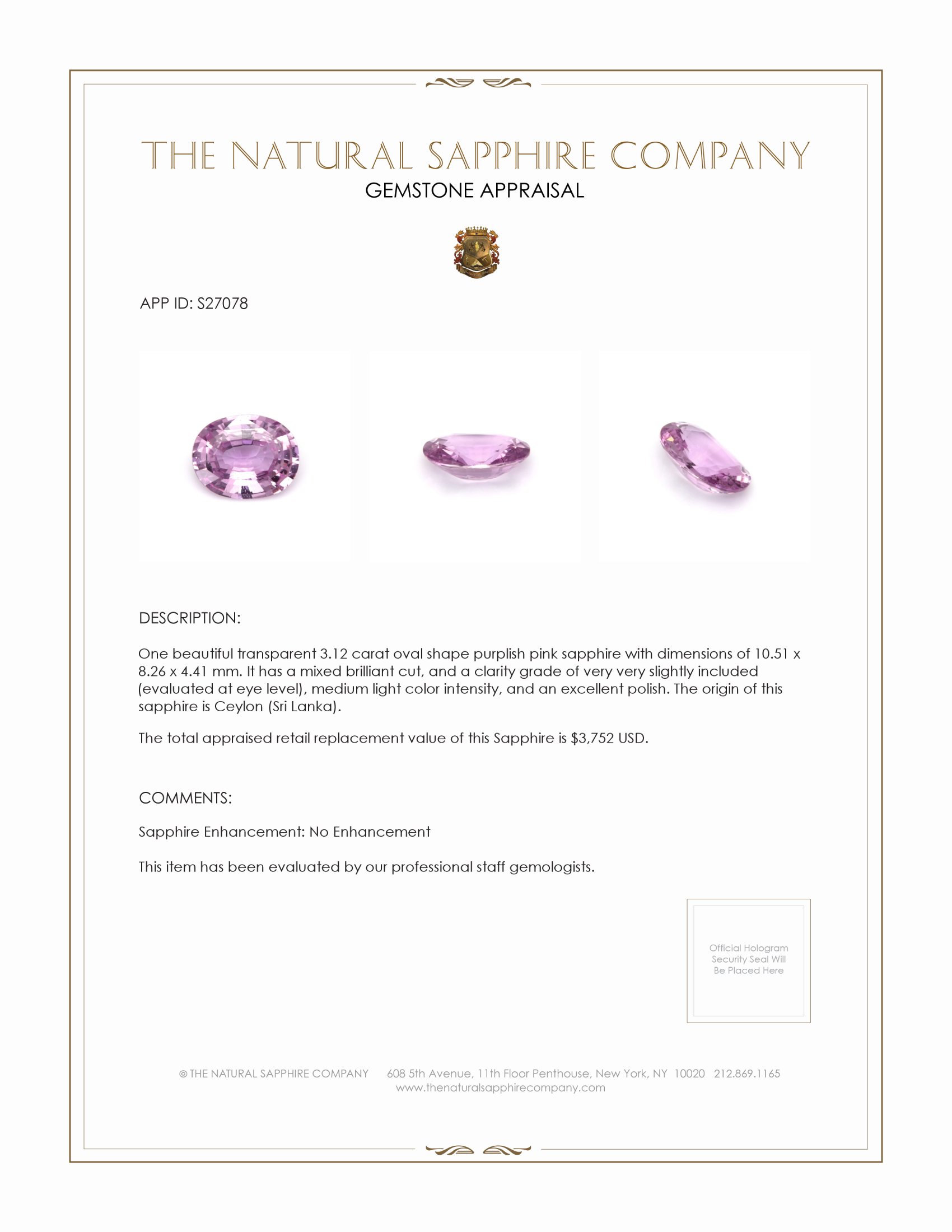 3.12 Ct. Purplish Pink Sapphire from Ceylon (Sri Lanka)