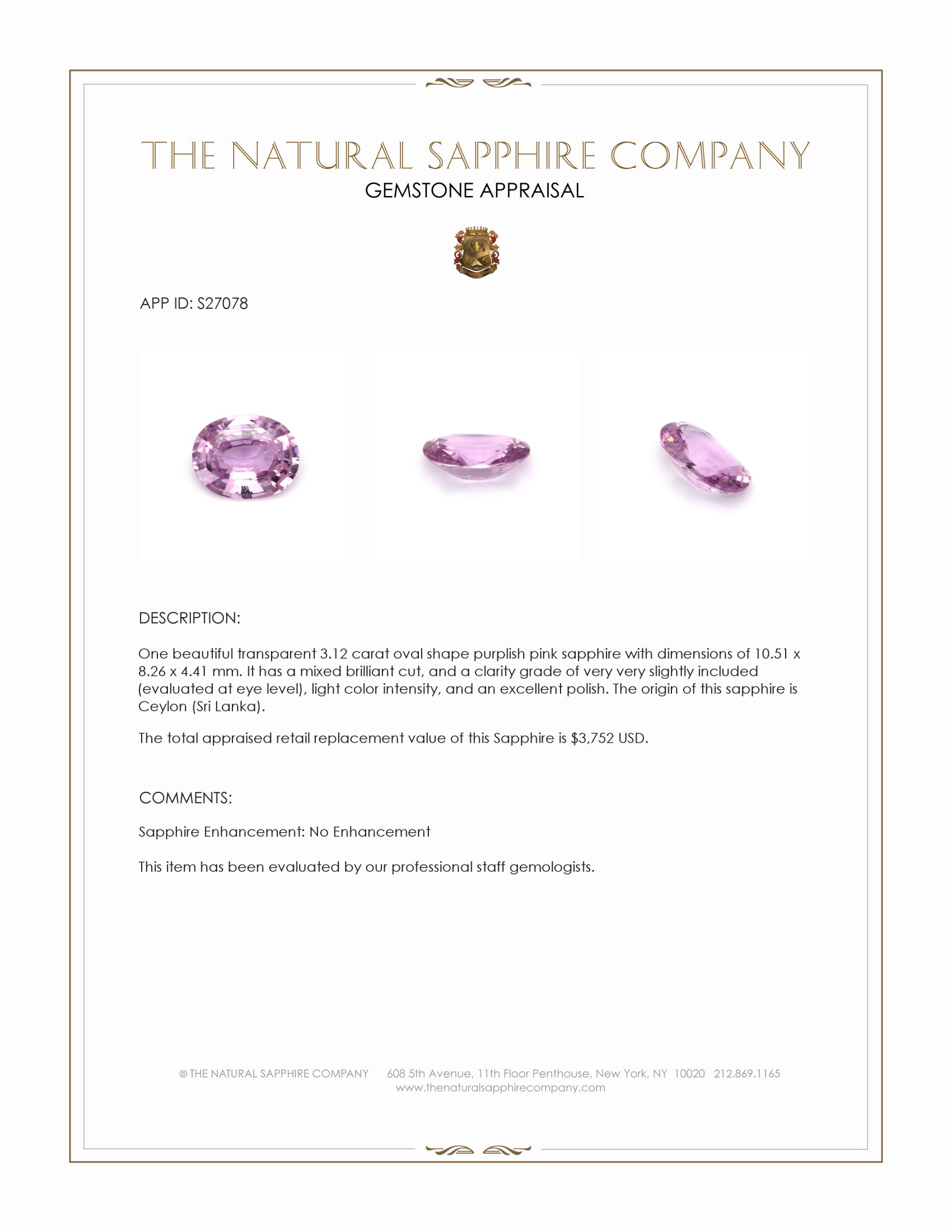 3.12 Ct. Purplish Pink Sapphire from Ceylon (Sri Lanka)
