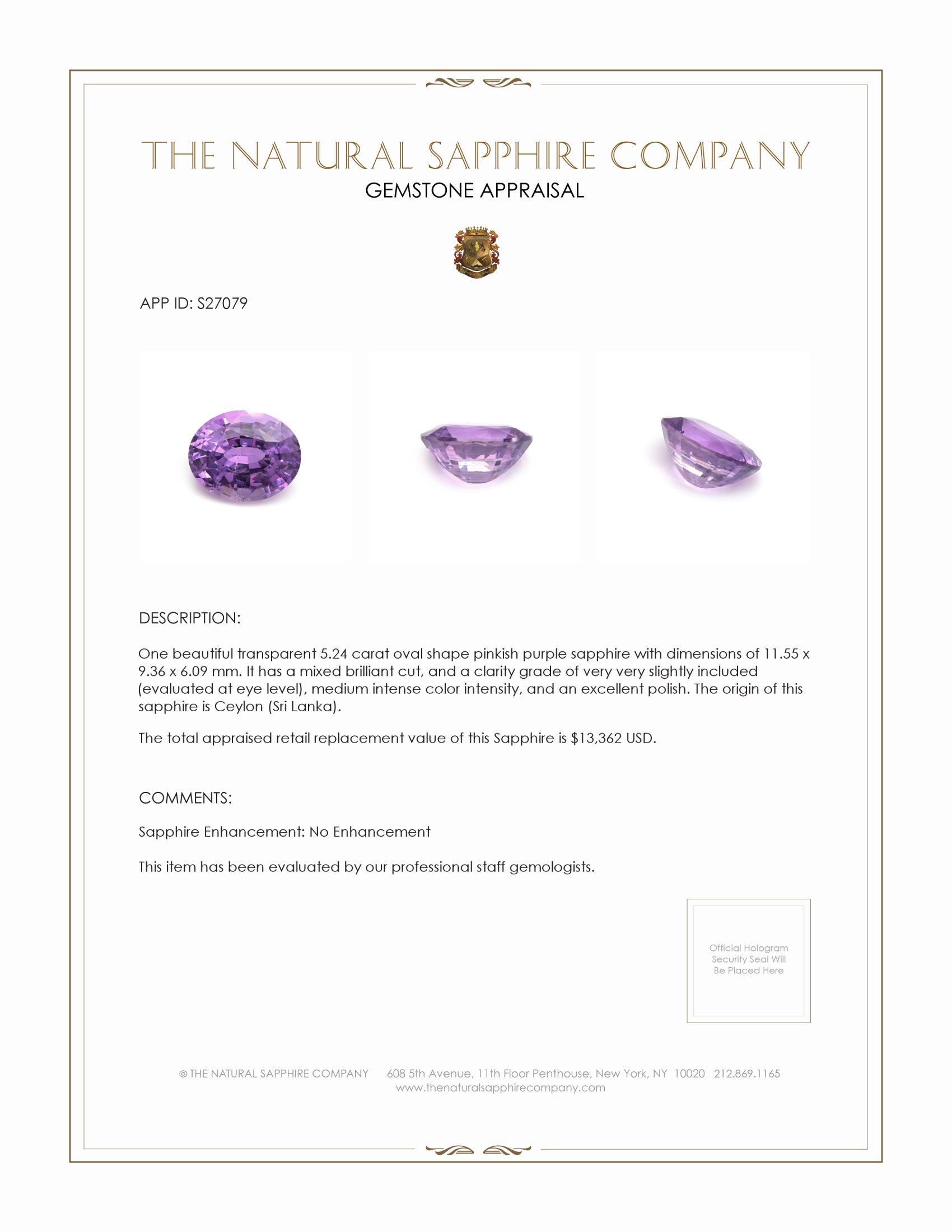 5.24 Ct. Pinkish Purple Sapphire from Ceylon (Sri Lanka)