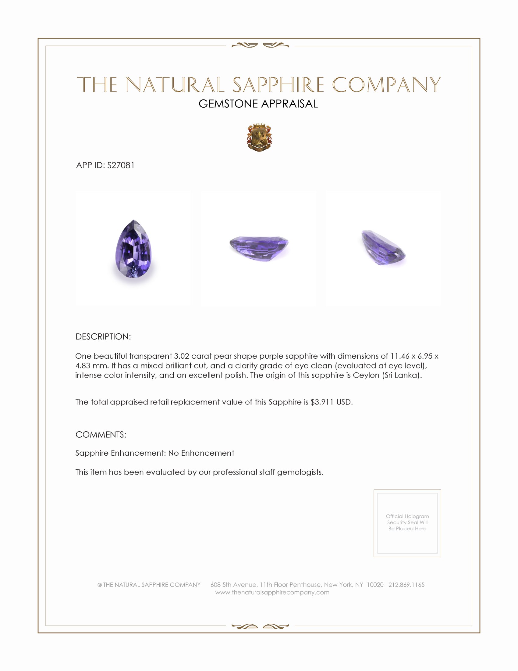 3.02 Ct. Purple Sapphire from Ceylon (Sri Lanka)