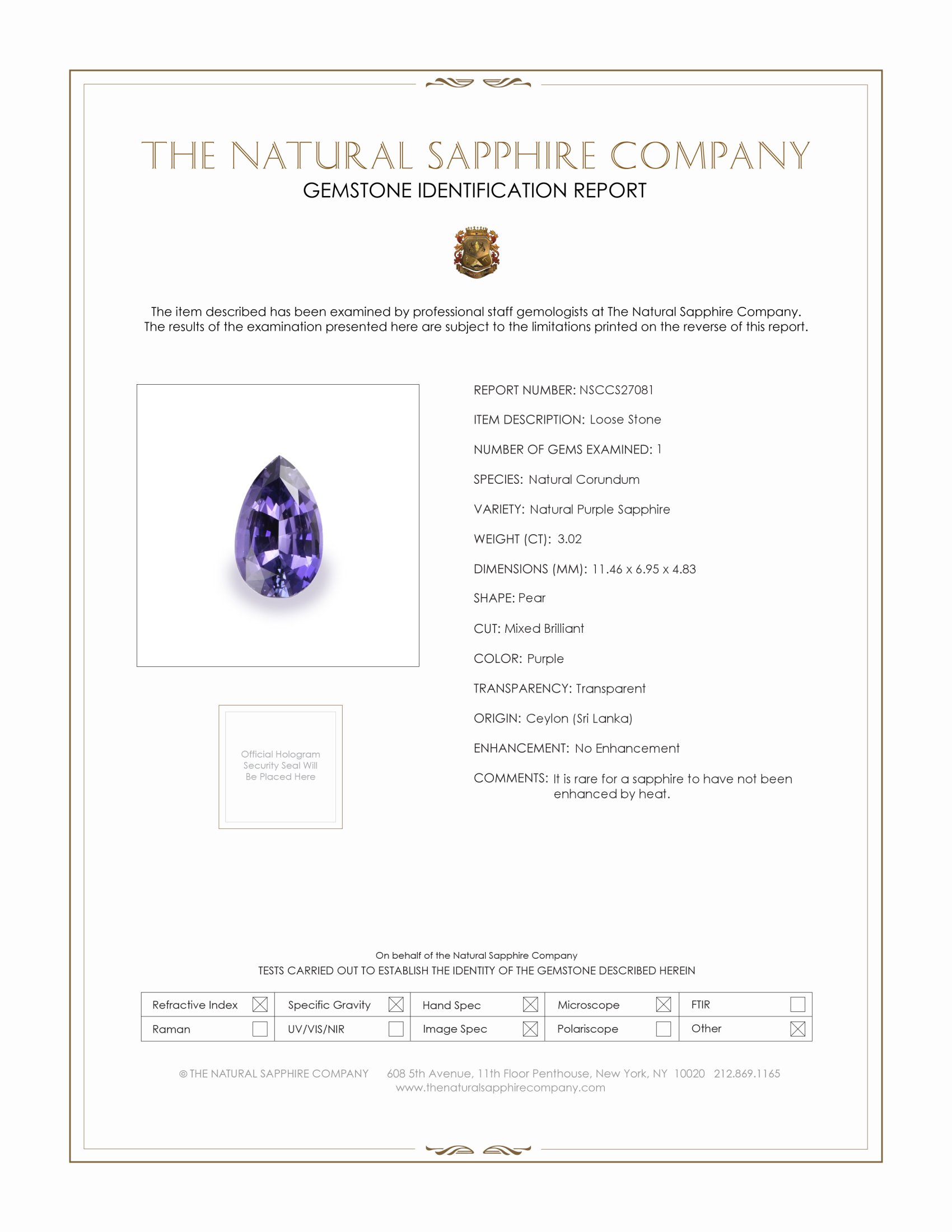 3.02 Ct. Purple Sapphire from Ceylon (Sri Lanka)