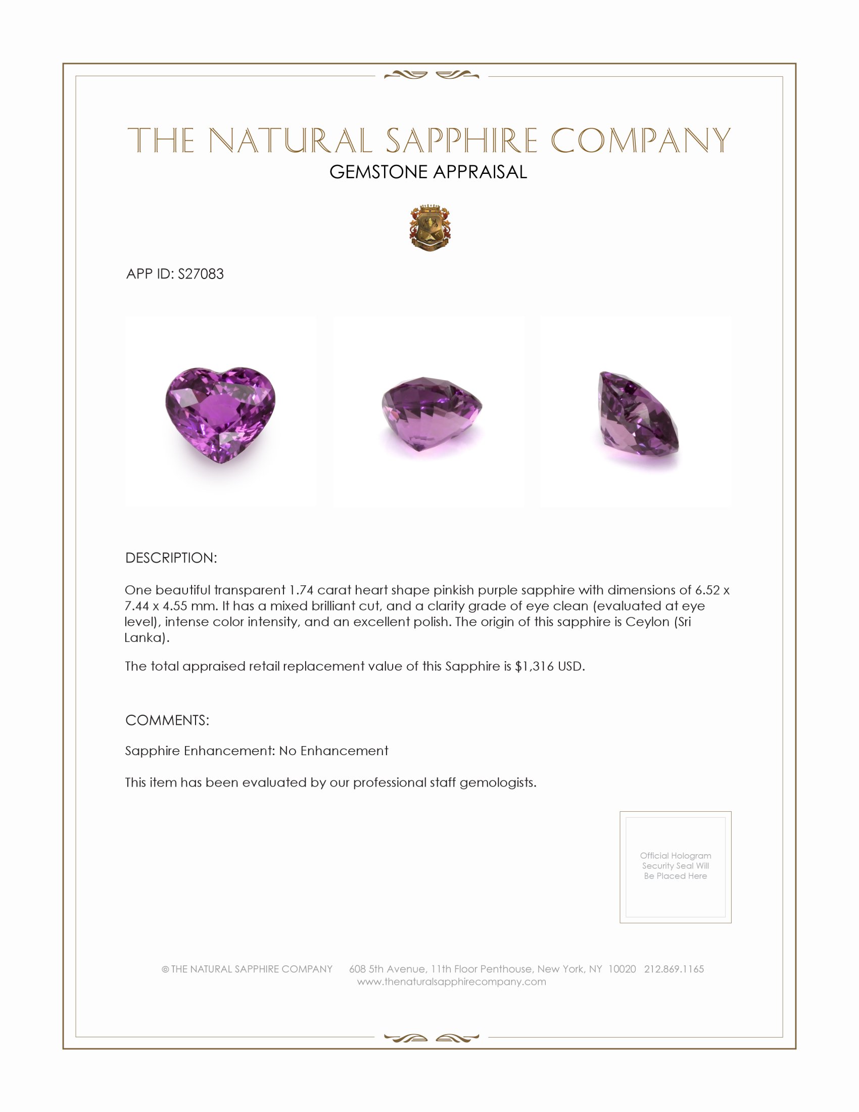 1.74 Ct. Pinkish Purple Sapphire from Ceylon (Sri Lanka)