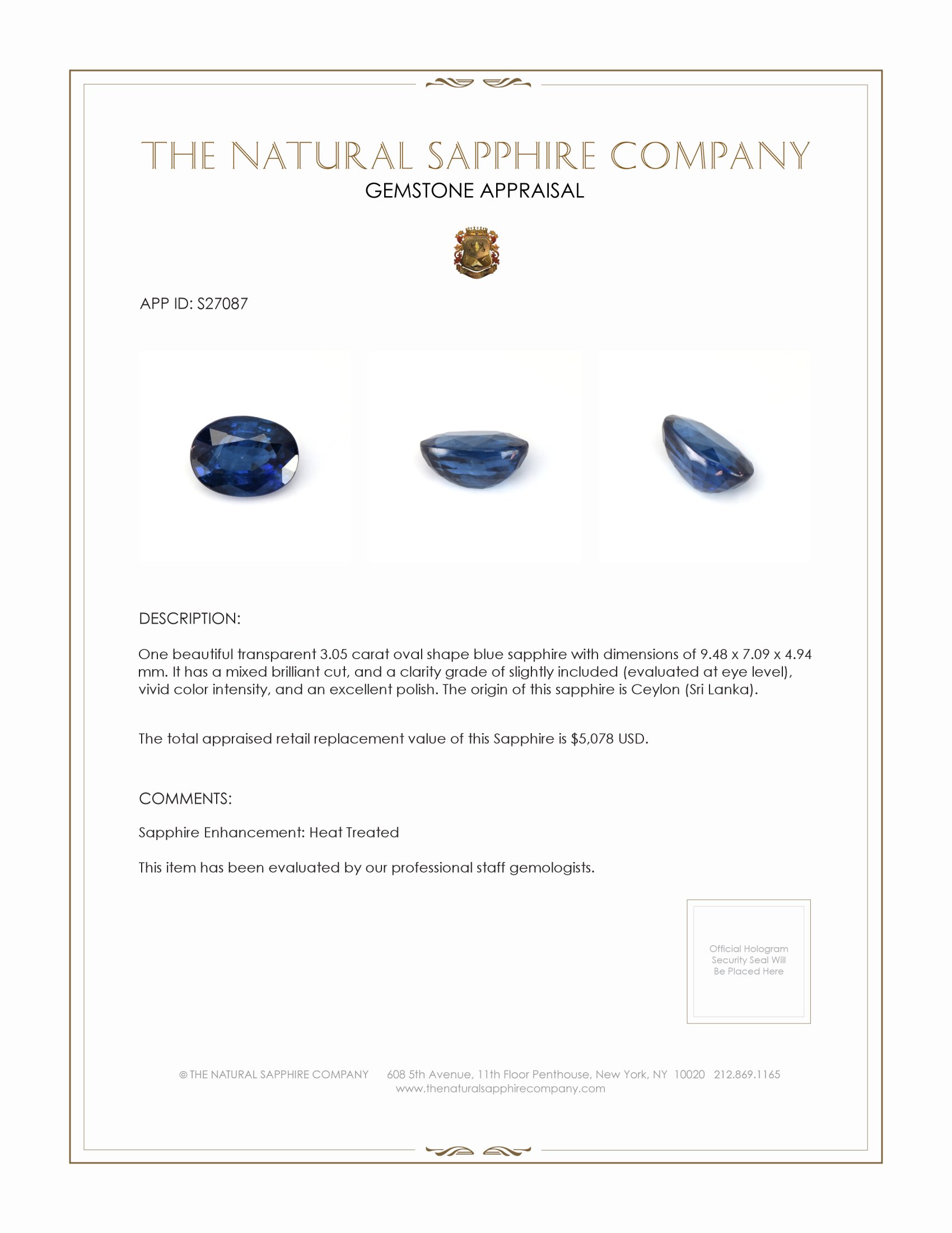 3.05 Ct. Blue Sapphire from Ceylon (Sri Lanka)