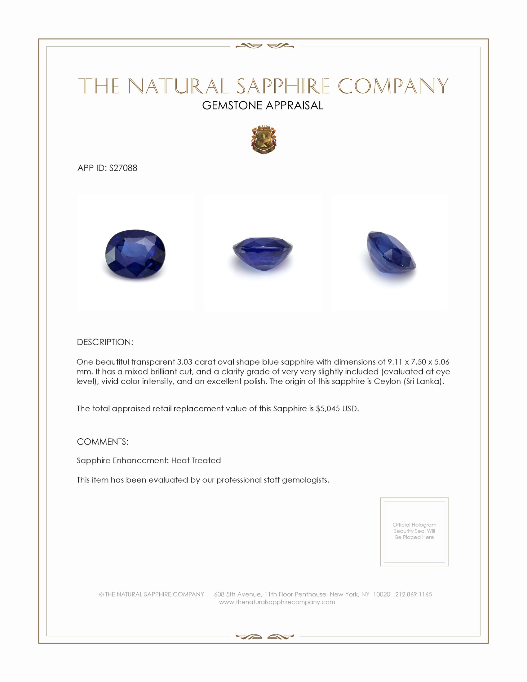 3.03 Ct. Blue Sapphire from Ceylon (Sri Lanka)