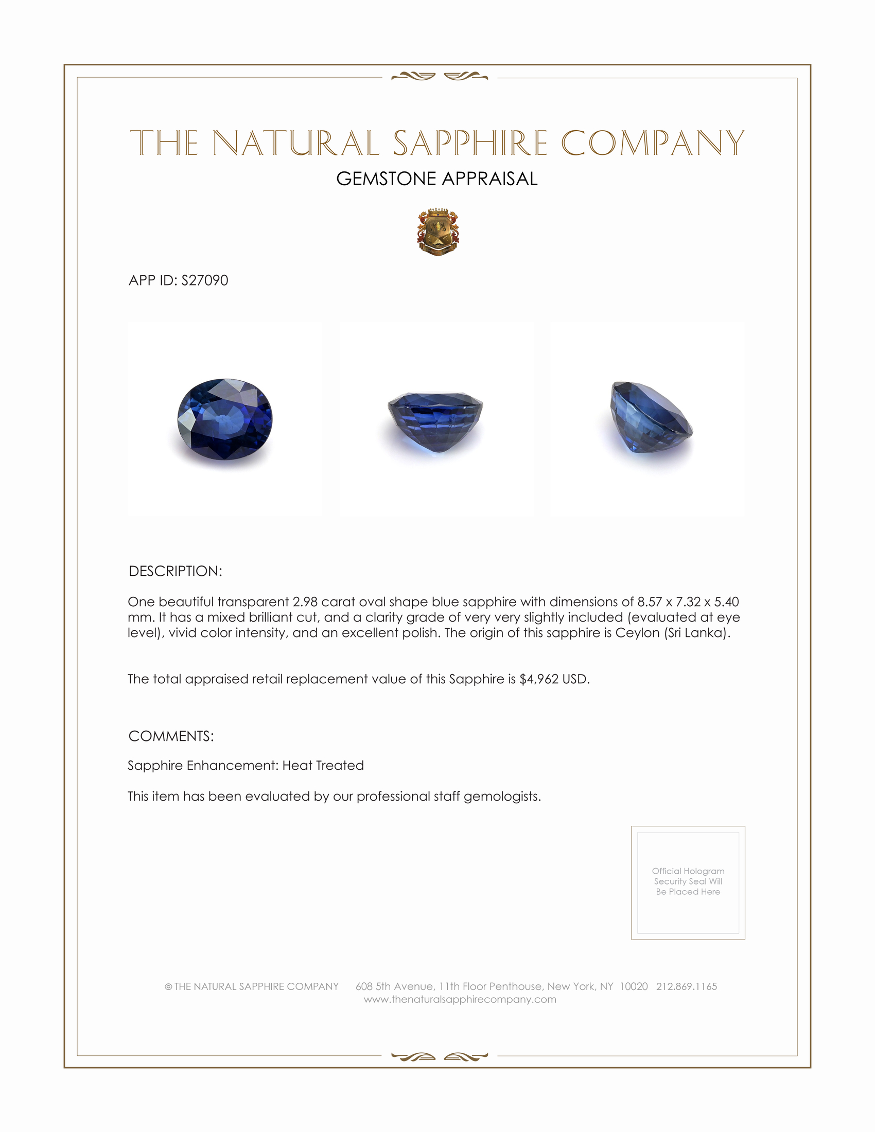 2.98 Ct. Blue Sapphire from Ceylon (Sri Lanka)