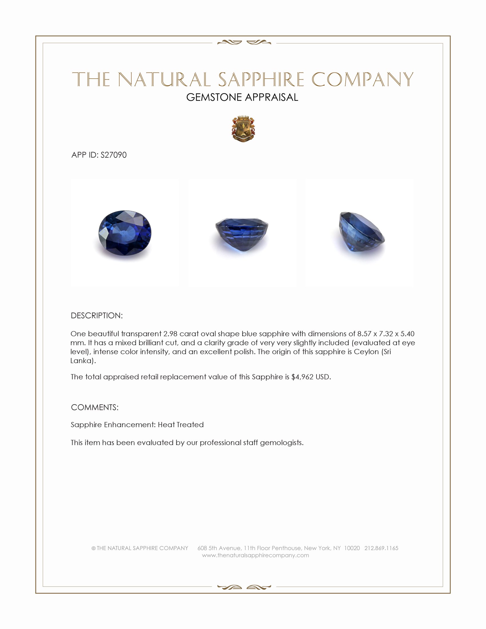 2.98 Ct. Blue Sapphire from Ceylon (Sri Lanka)