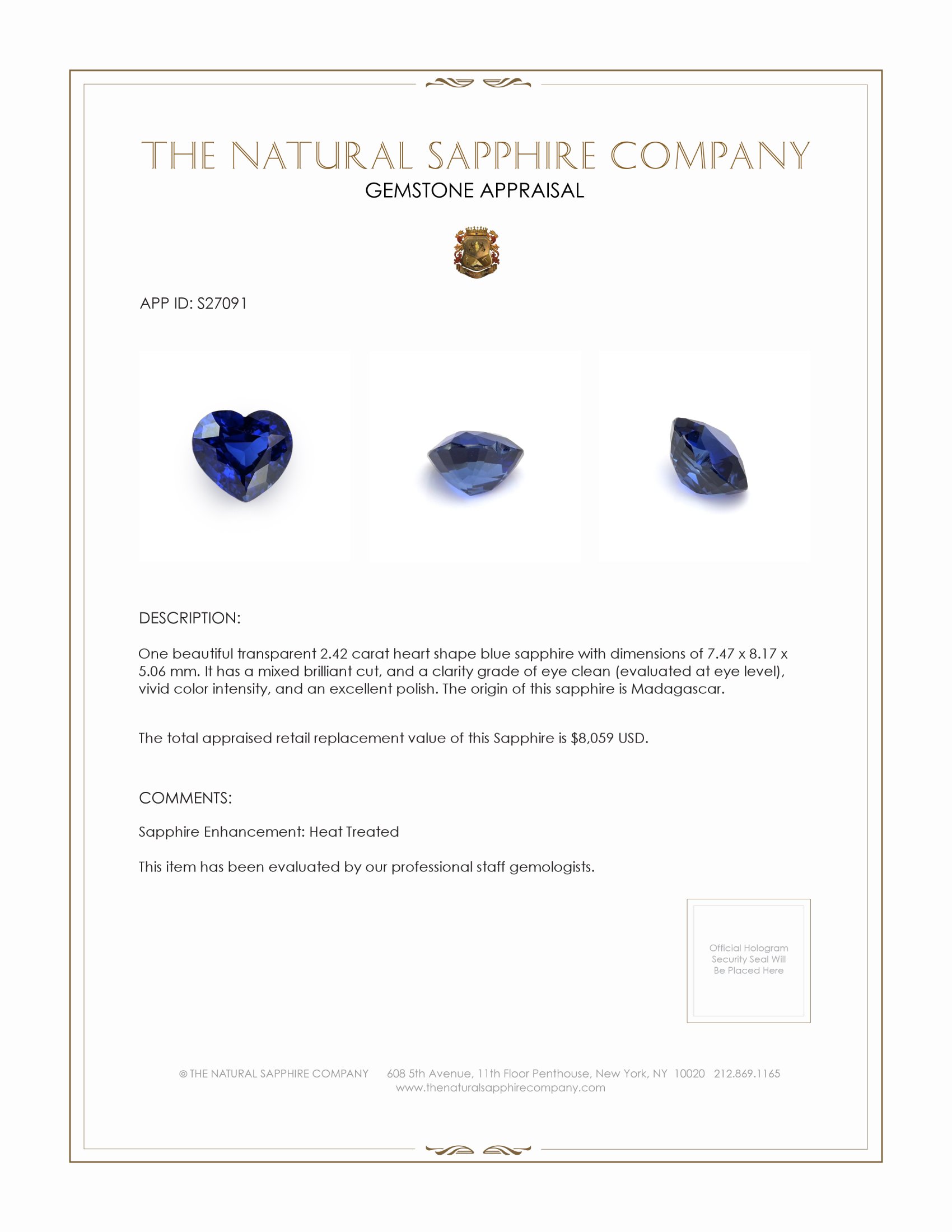 2.42 Ct. Blue Sapphire from Madagascar