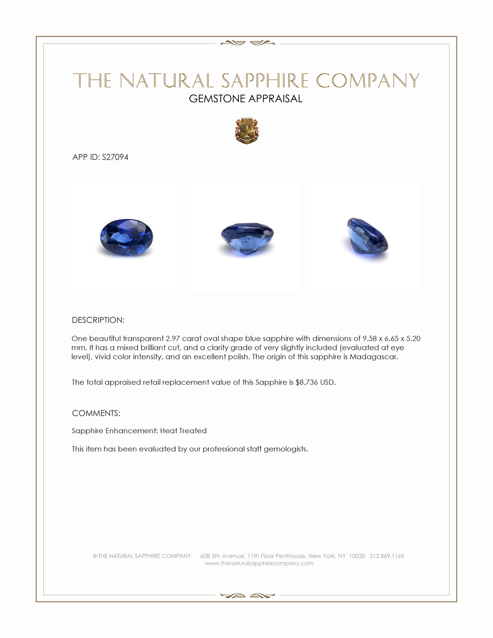 2.97 Ct. Blue Sapphire from Madagascar