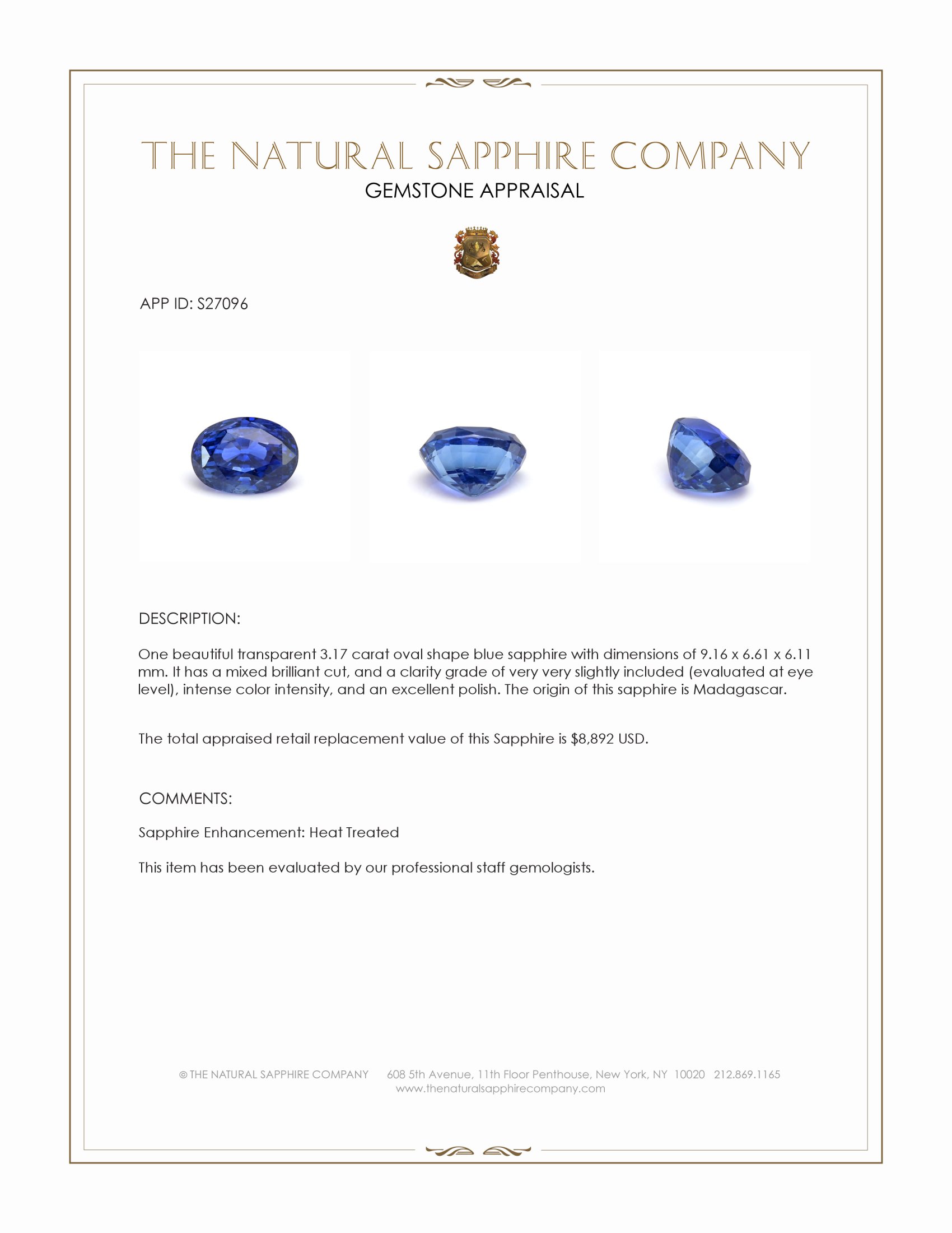 3.17 Ct. Blue Sapphire from Madagascar