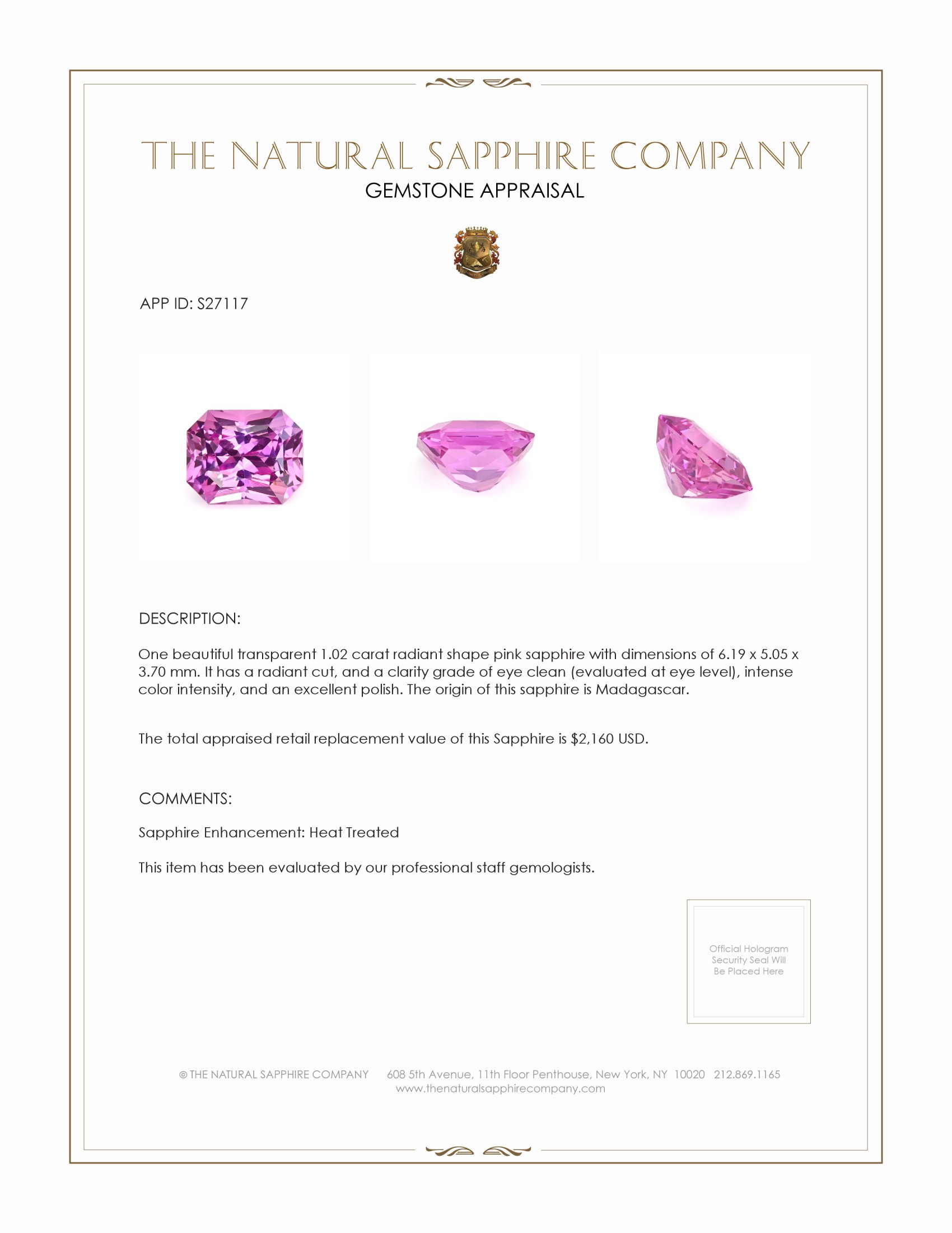 1.02 Ct. Pink Sapphire from Madagascar