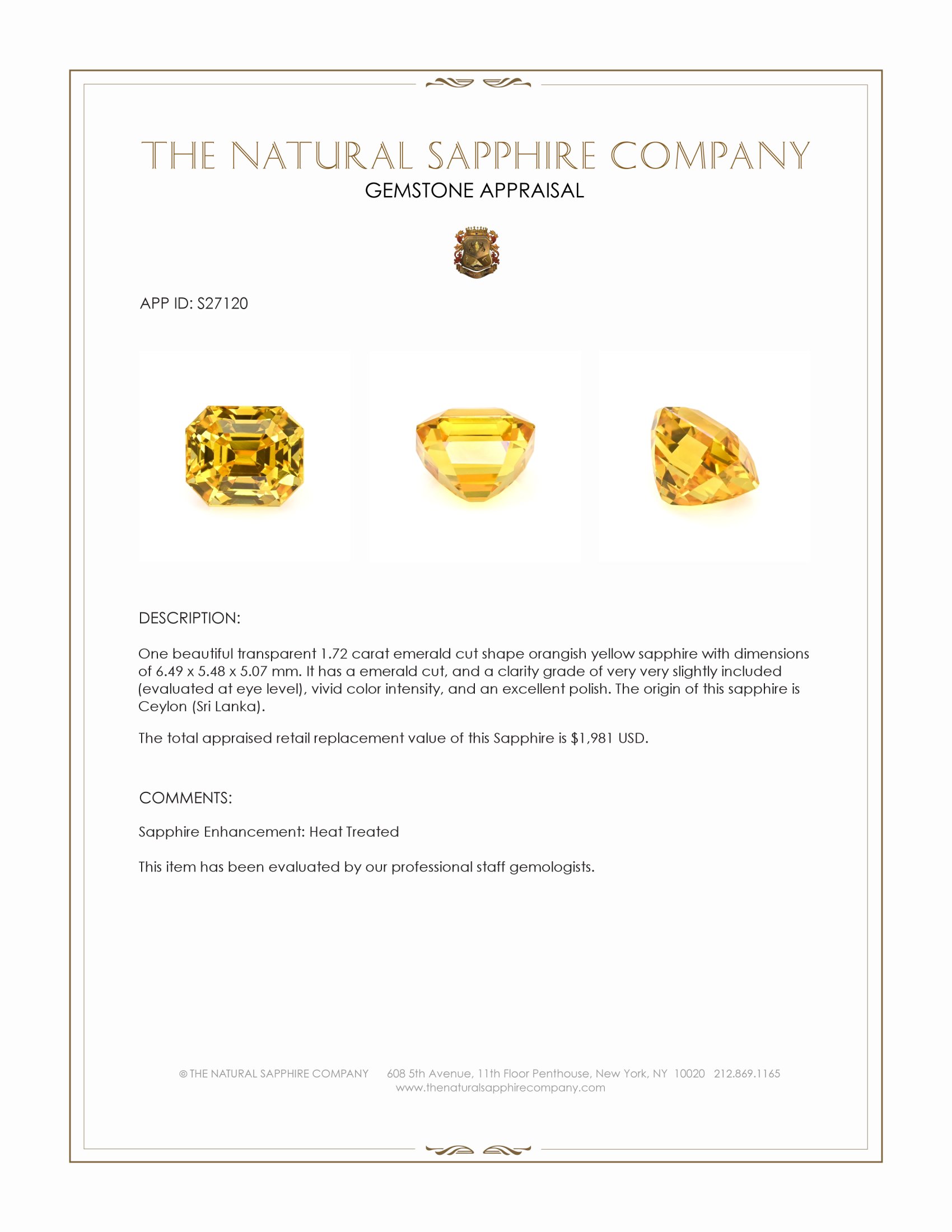1.72 Ct. Orangish Yellow Sapphire from Ceylon (Sri Lanka)