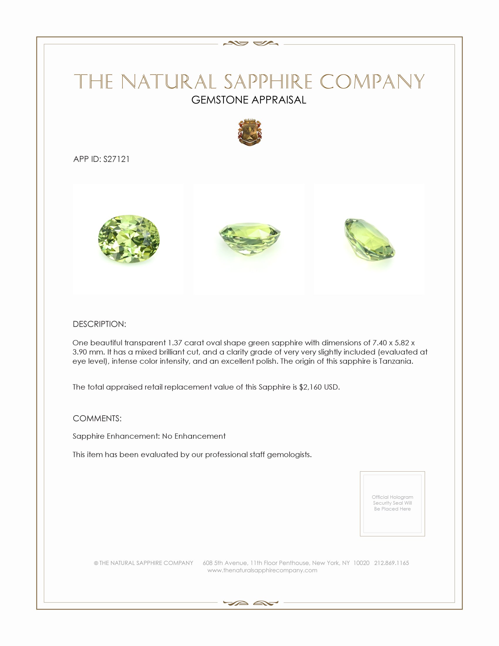 1.37 Ct. Yellowish Green Sapphire from Tanzania