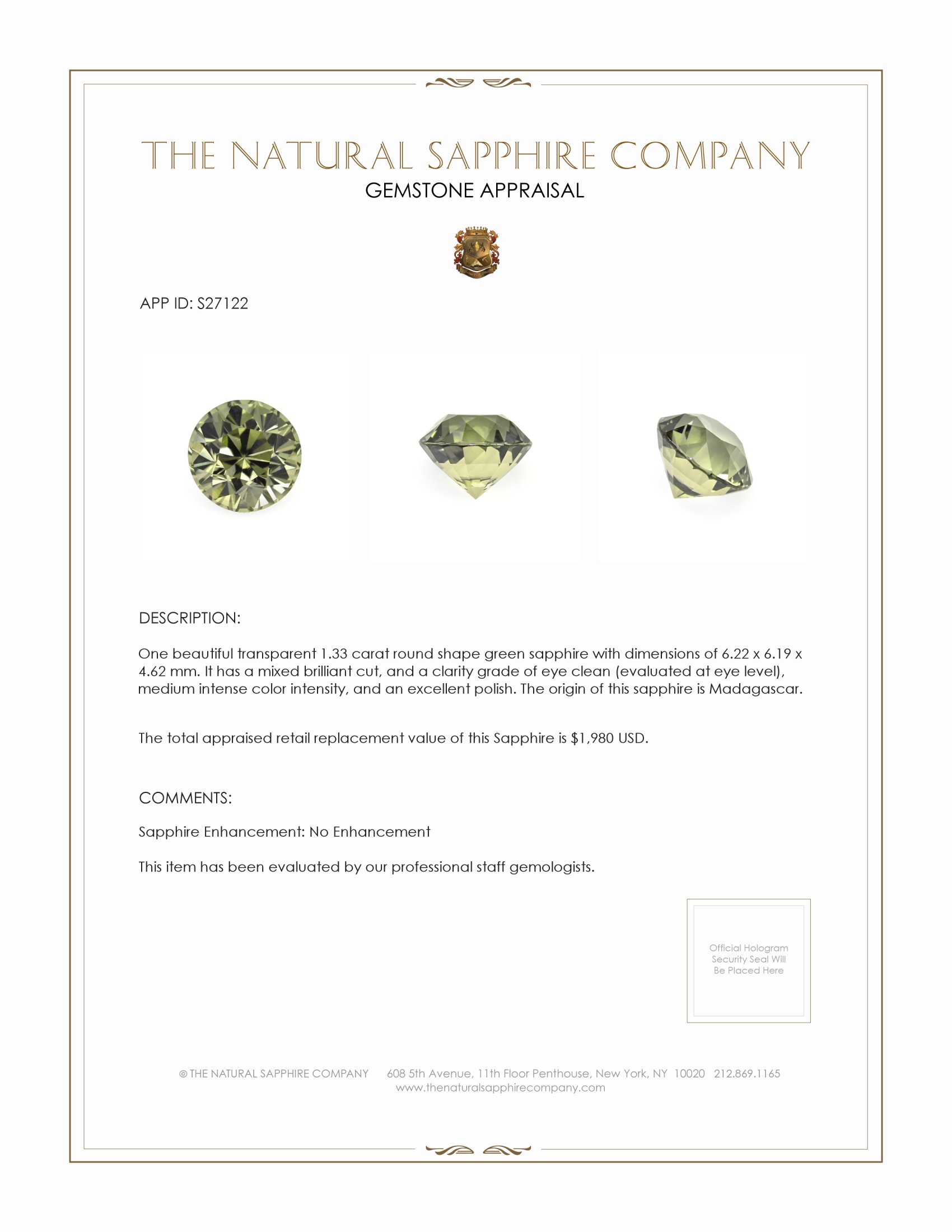 1.33 Ct. Green Sapphire from Madagascar