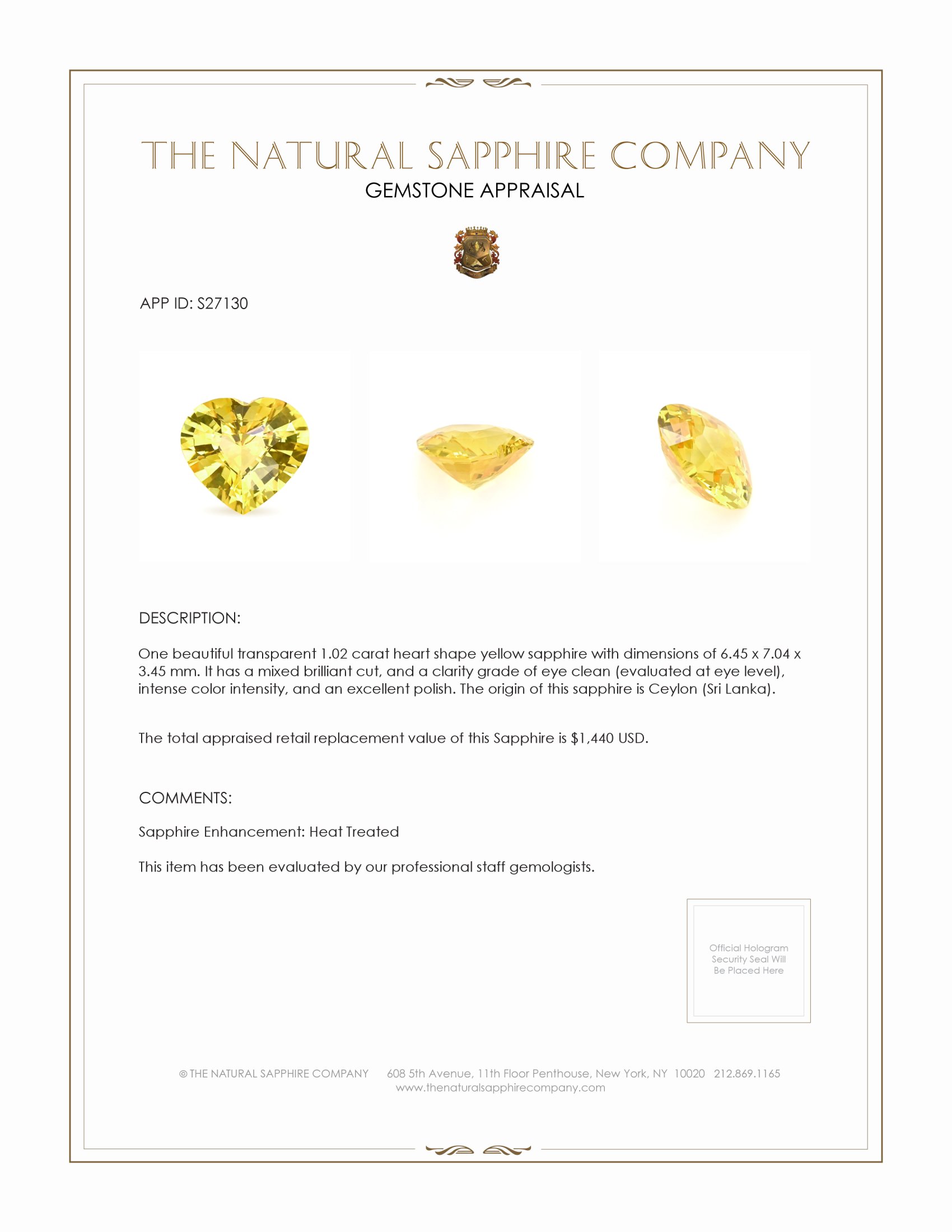 1.02 Ct. Yellow Sapphire from Ceylon (Sri Lanka)