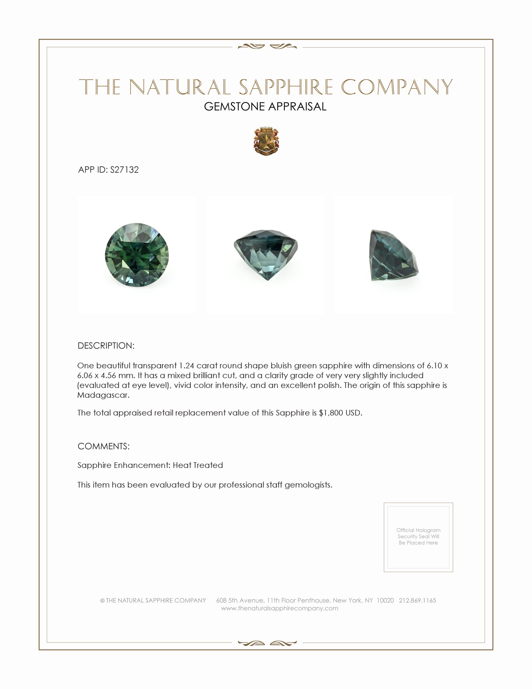 1.24 Ct. Bluish Green Sapphire from Madagascar