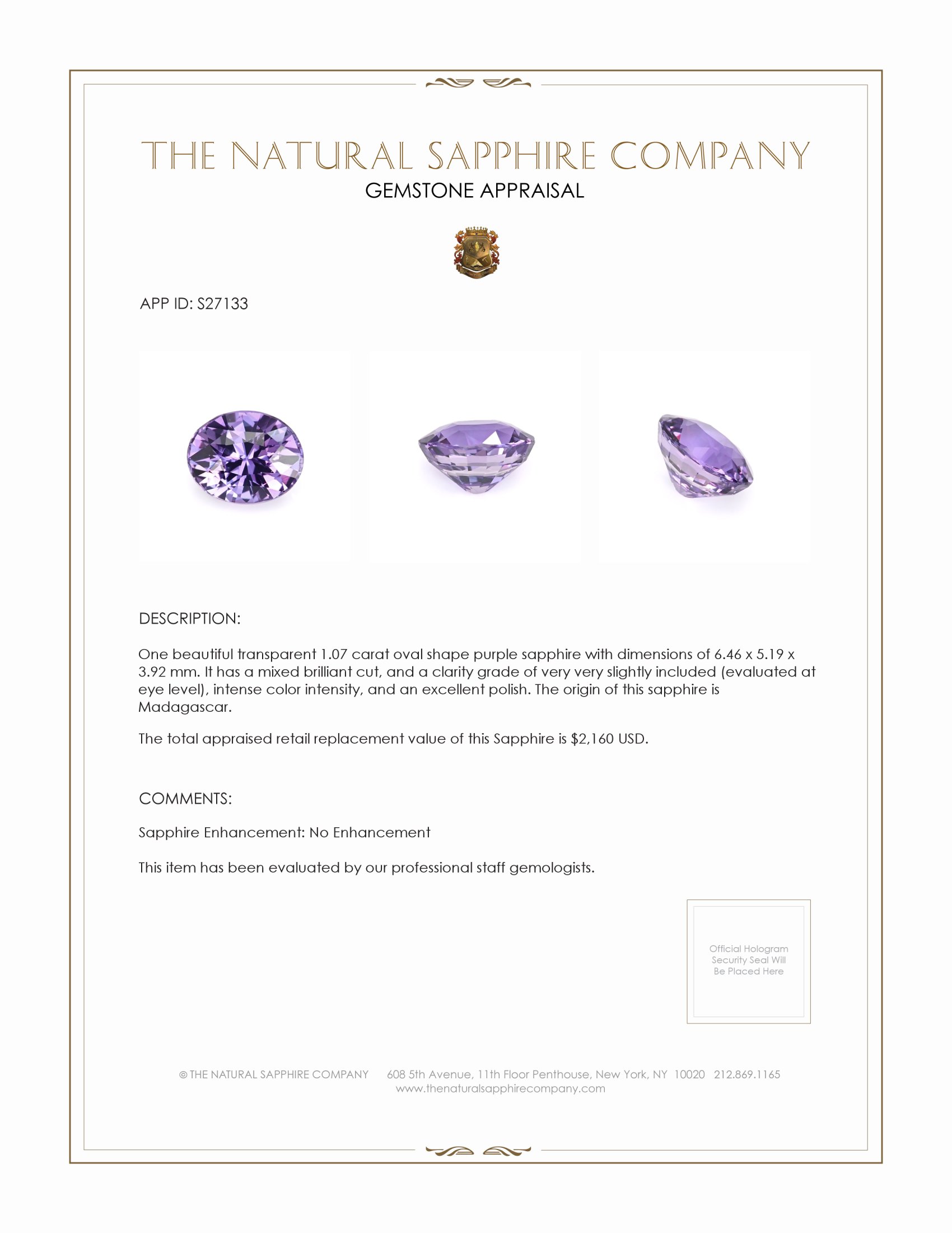1.07 Ct. Purple Sapphire from Madagascar