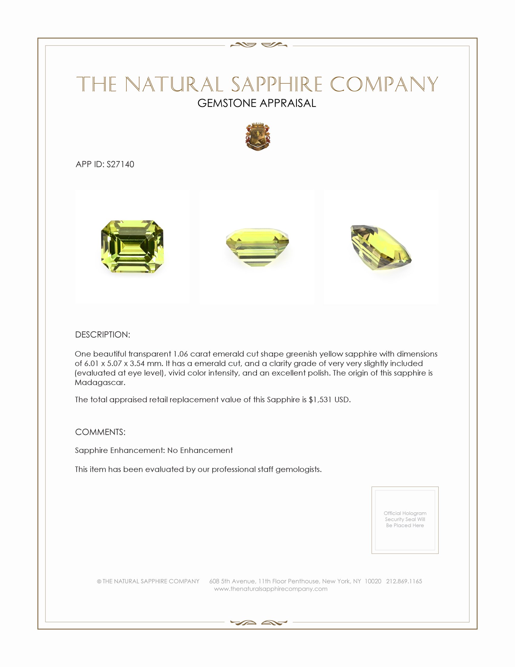 1.06 Ct. Greenish Yellow Sapphire from Madagascar