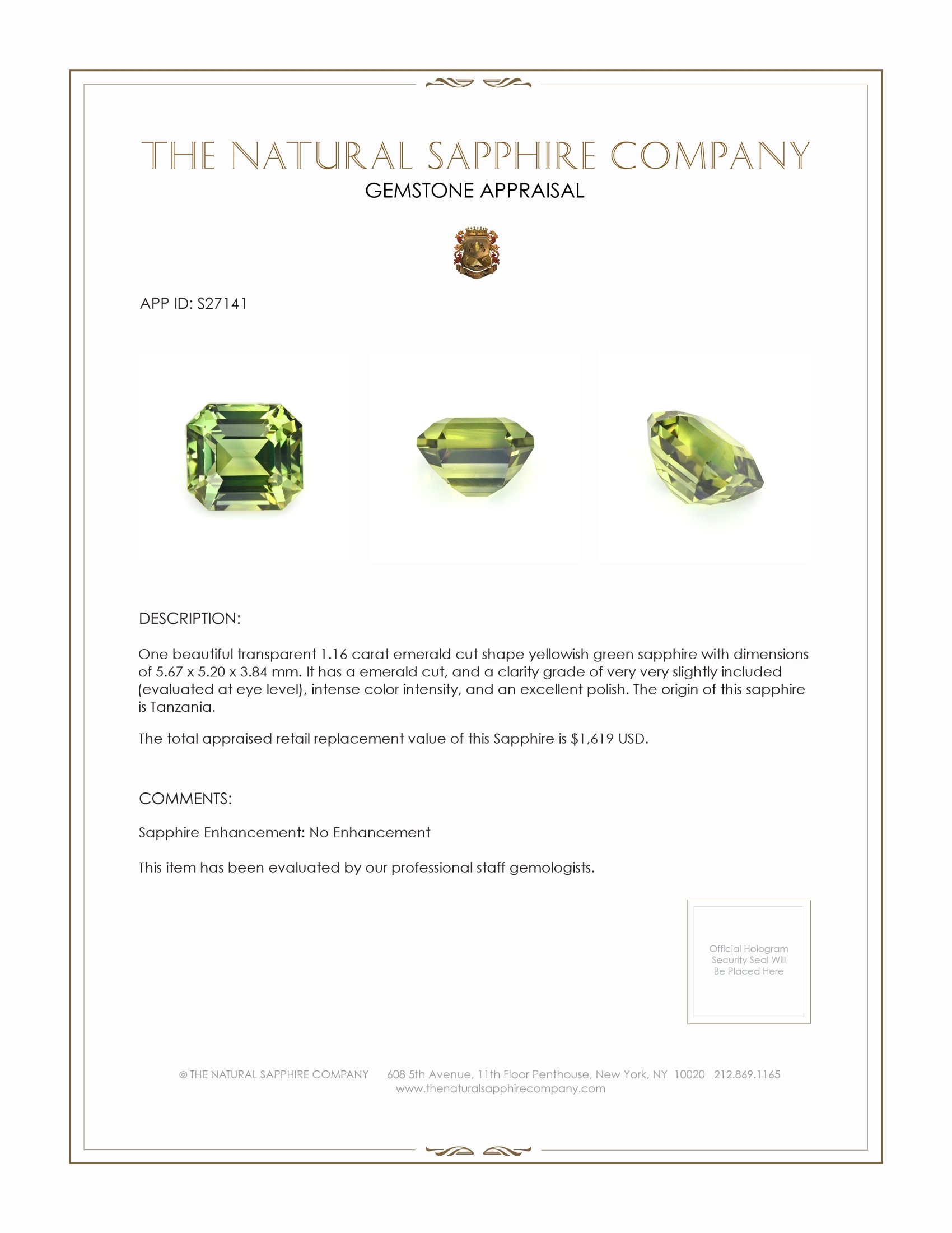 1.16 Ct. Yellowish Green Sapphire from Tanzania
