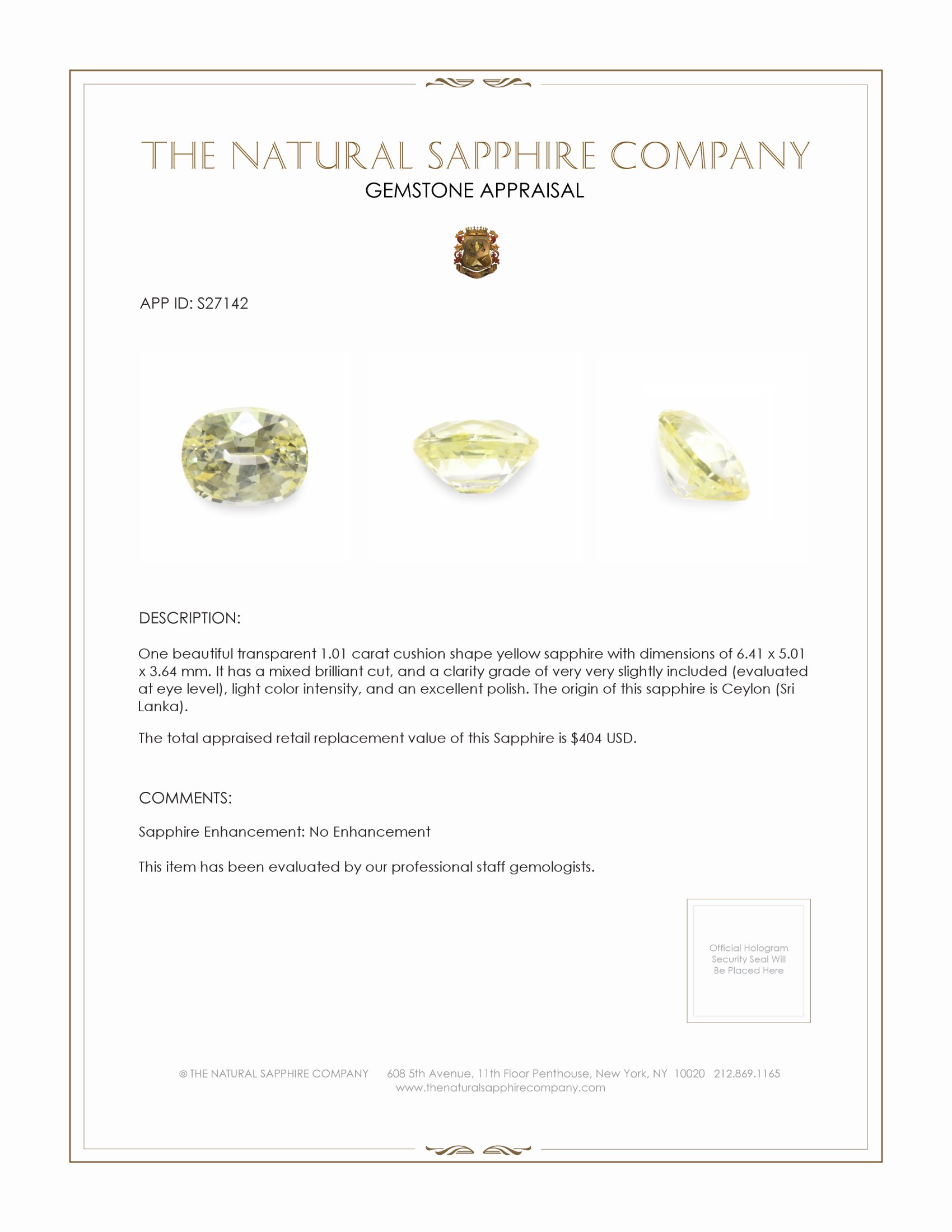 1.01 Ct. Yellow Sapphire from Ceylon (Sri Lanka)