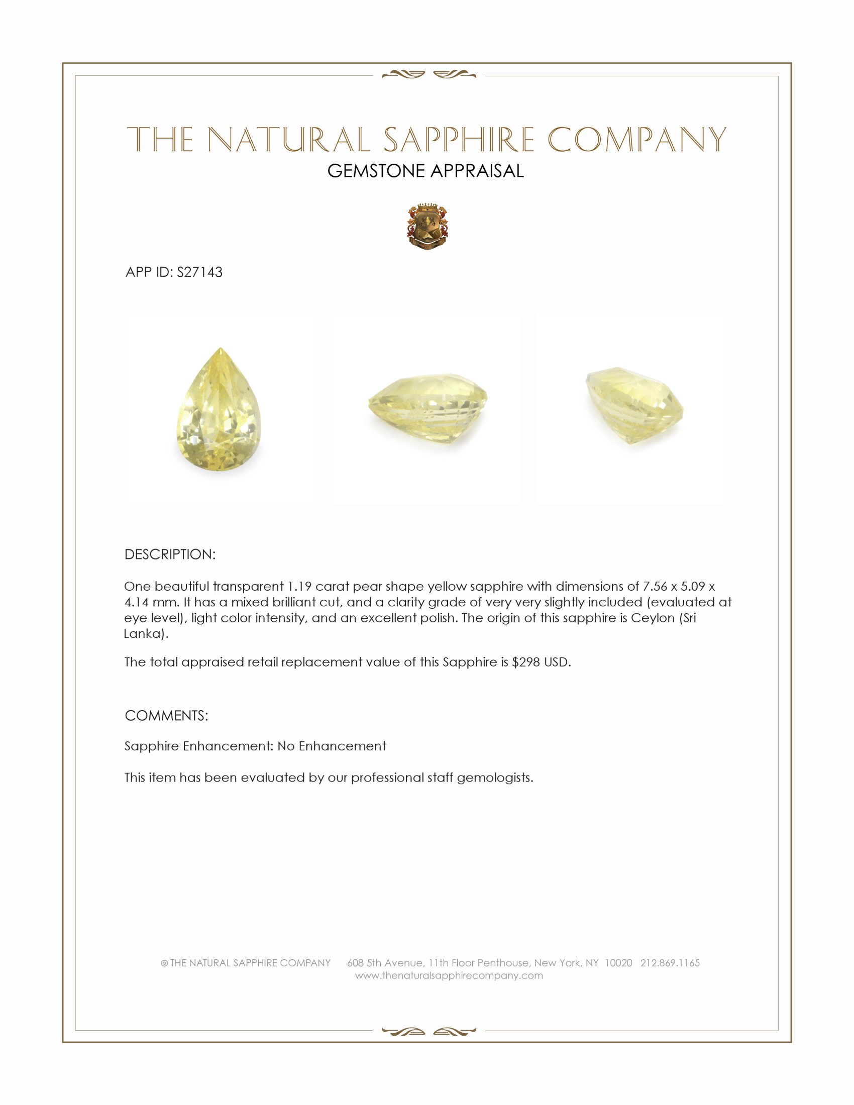 1.19 Ct. Yellow Sapphire from Ceylon (Sri Lanka)