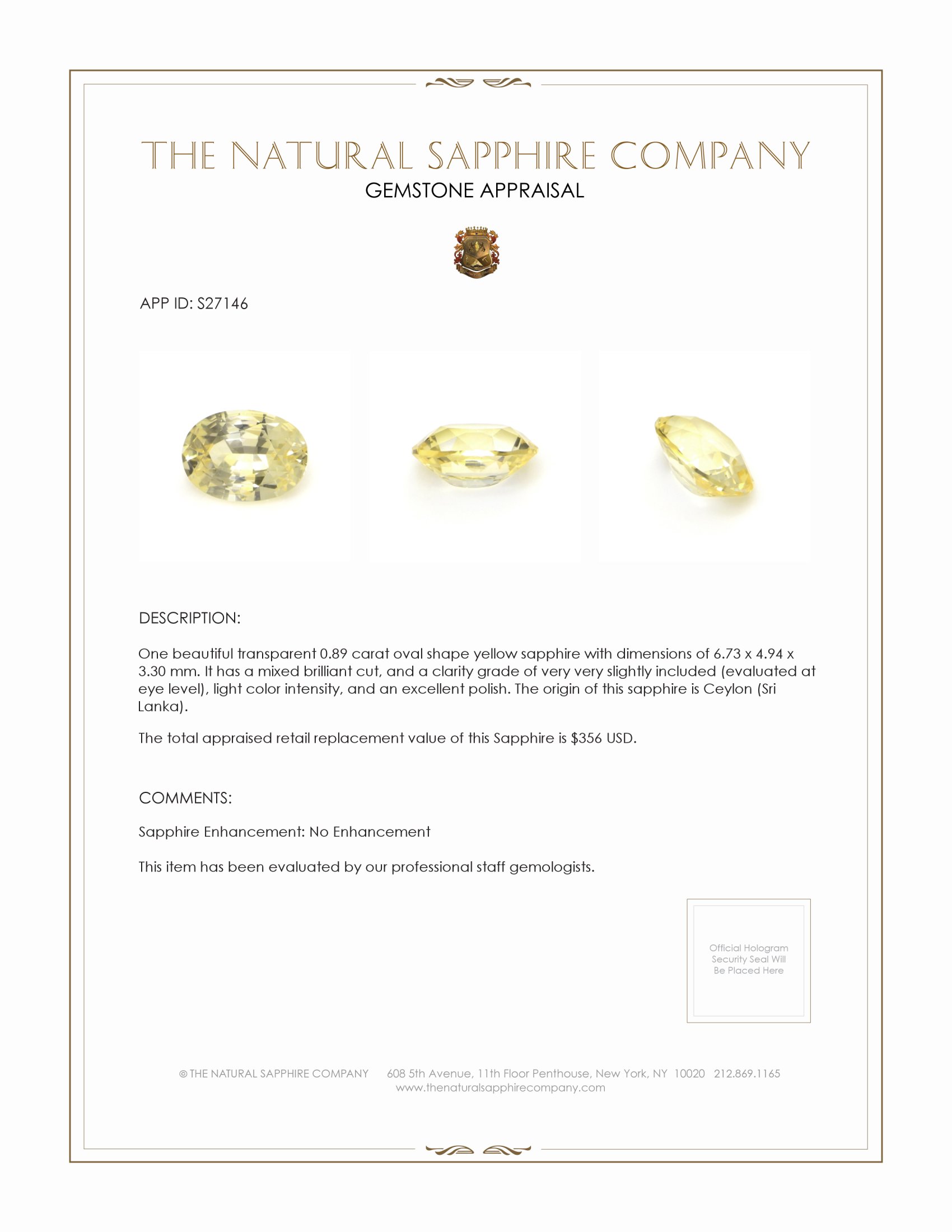 0.89 Ct. Yellow Sapphire from Ceylon (Sri Lanka)