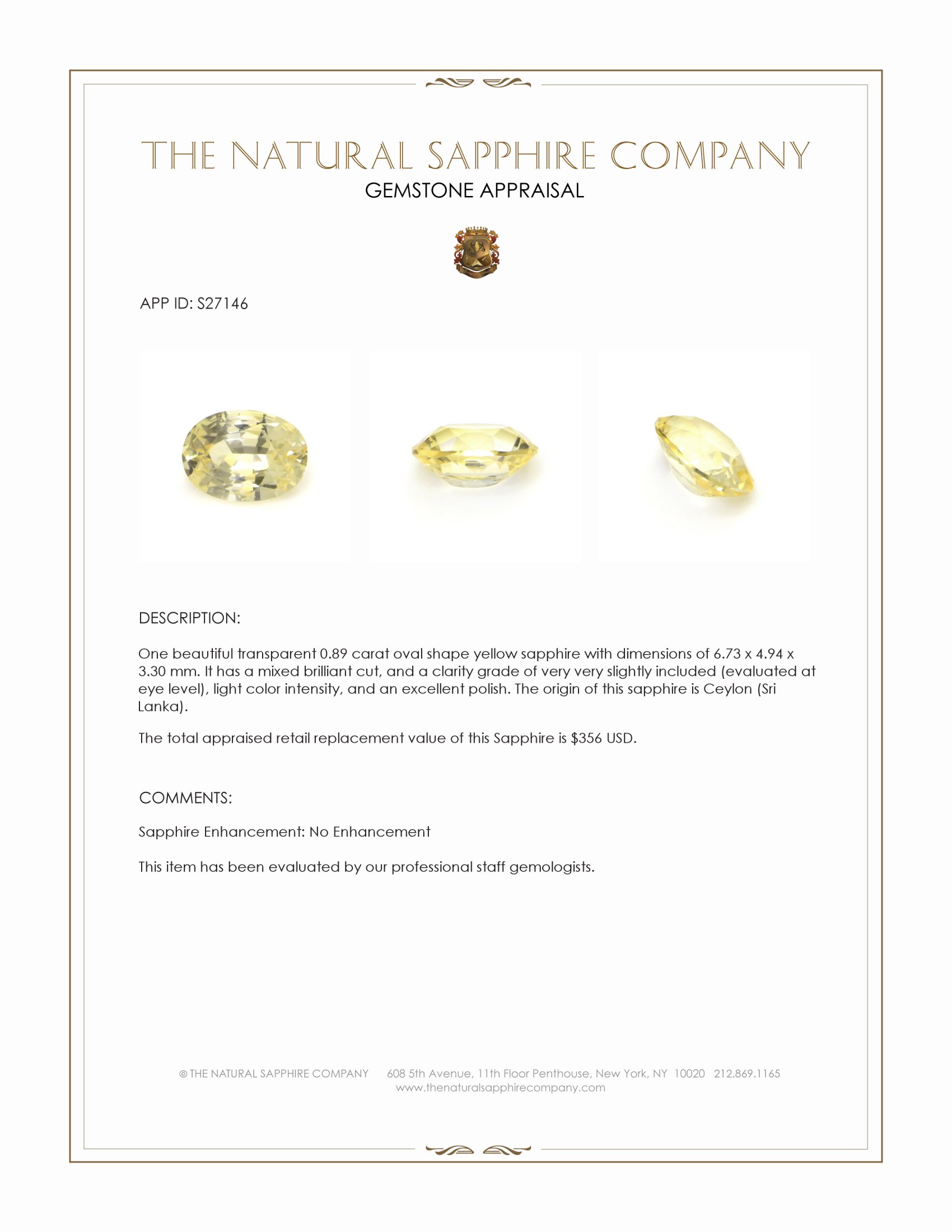 0.89 Ct. Yellow Sapphire from Ceylon (Sri Lanka)