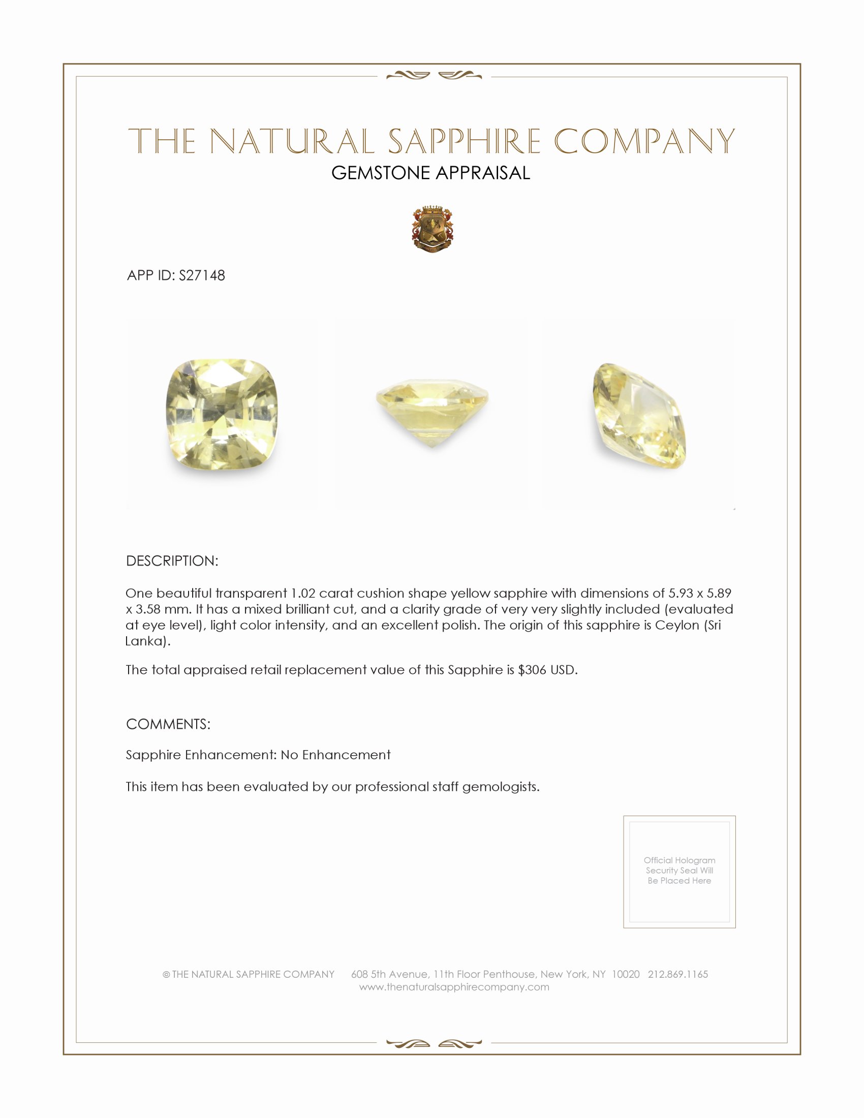 1.02 Ct. Yellow Sapphire from Ceylon (Sri Lanka)