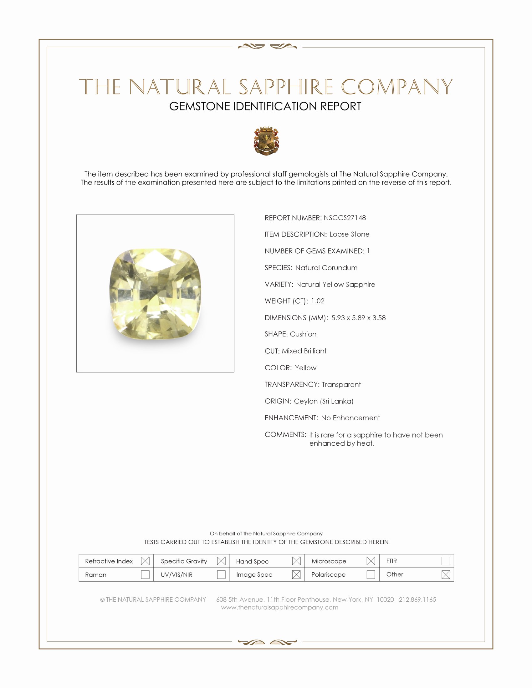 1.02 Ct. Yellow Sapphire from Ceylon (Sri Lanka)