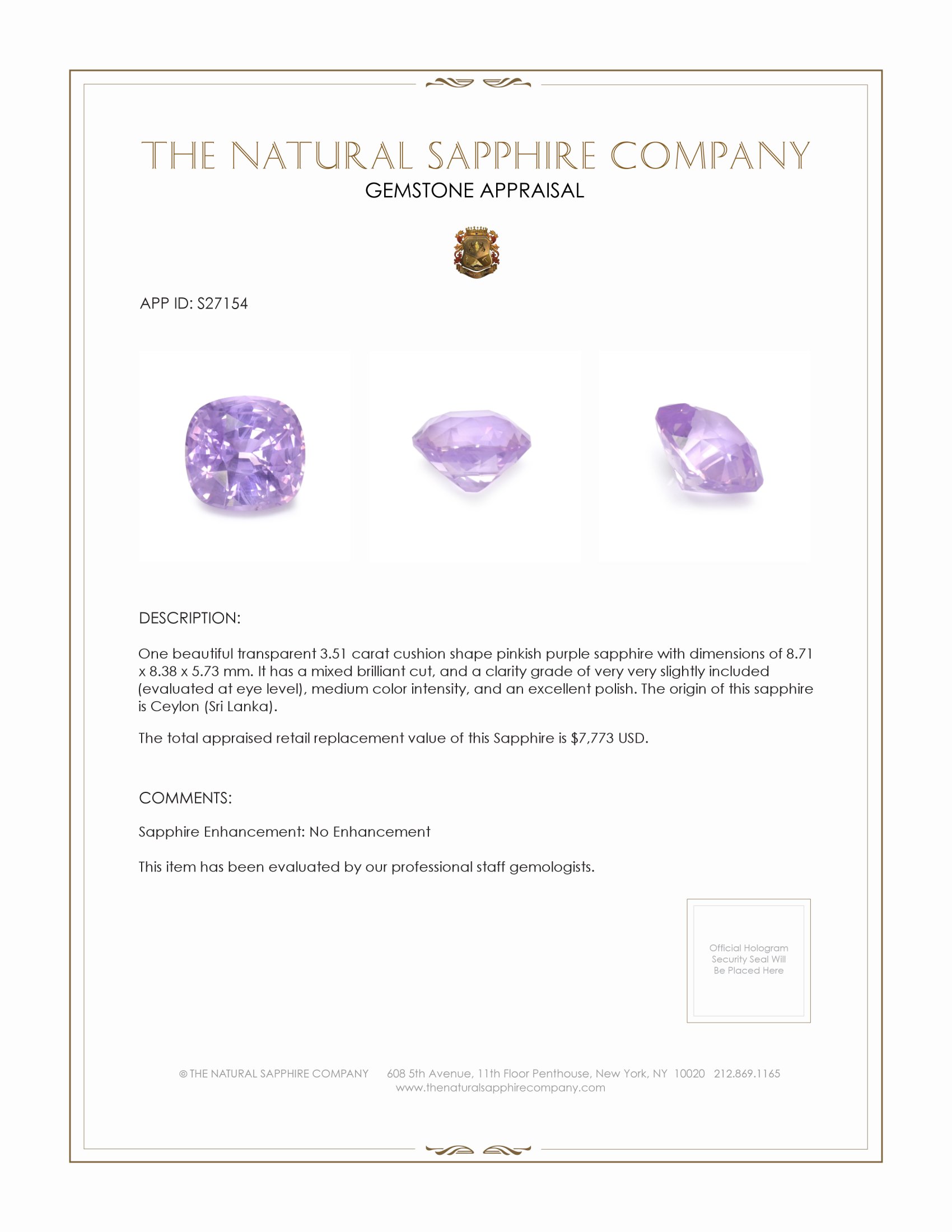 3.51 Ct. Pinkish Purple Sapphire from Ceylon (Sri Lanka)
