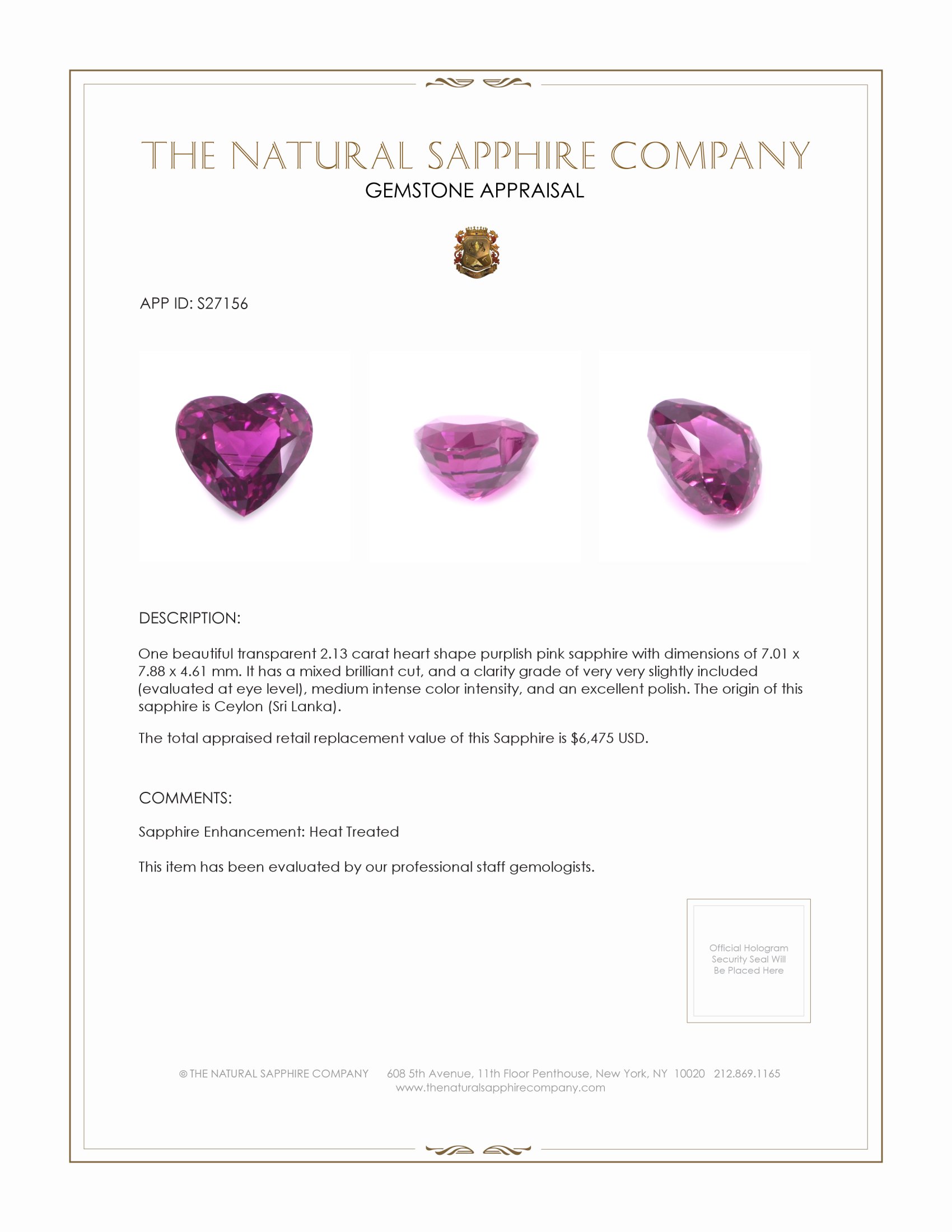 2.13 Ct. Purplish Pink Sapphire from Ceylon (Sri Lanka)