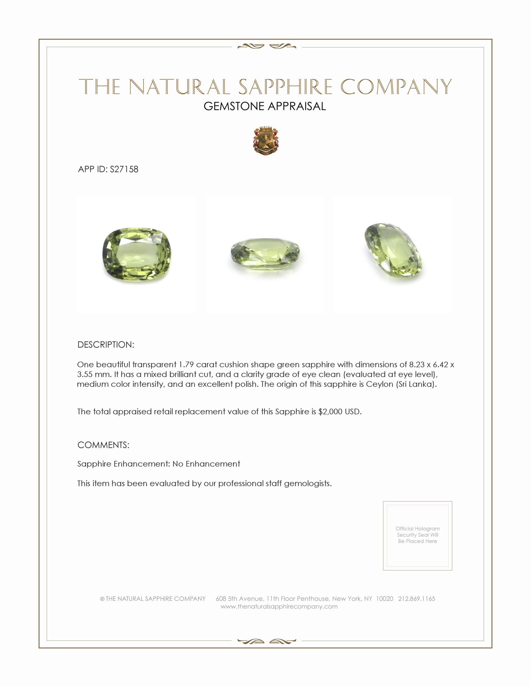1.79 Ct. Green Sapphire from Ceylon (Sri Lanka)