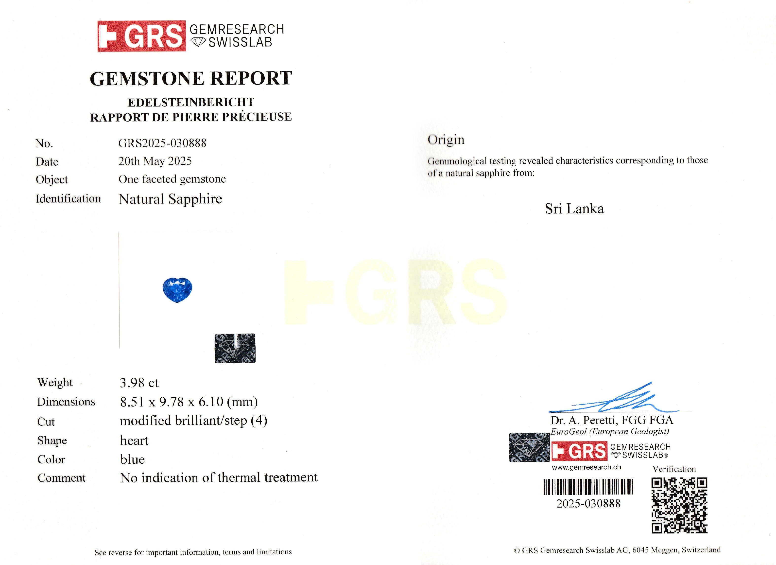 3.98 Ct. Blue Sapphire from Ceylon (Sri Lanka)