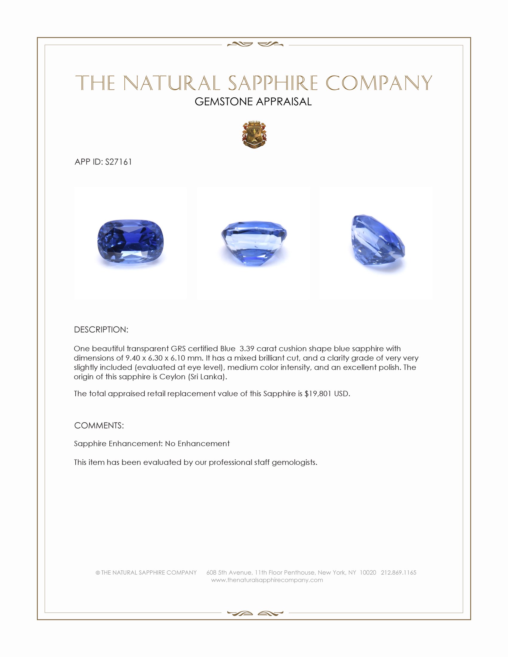 3.39 Ct. Blue Sapphire from Ceylon (Sri Lanka)