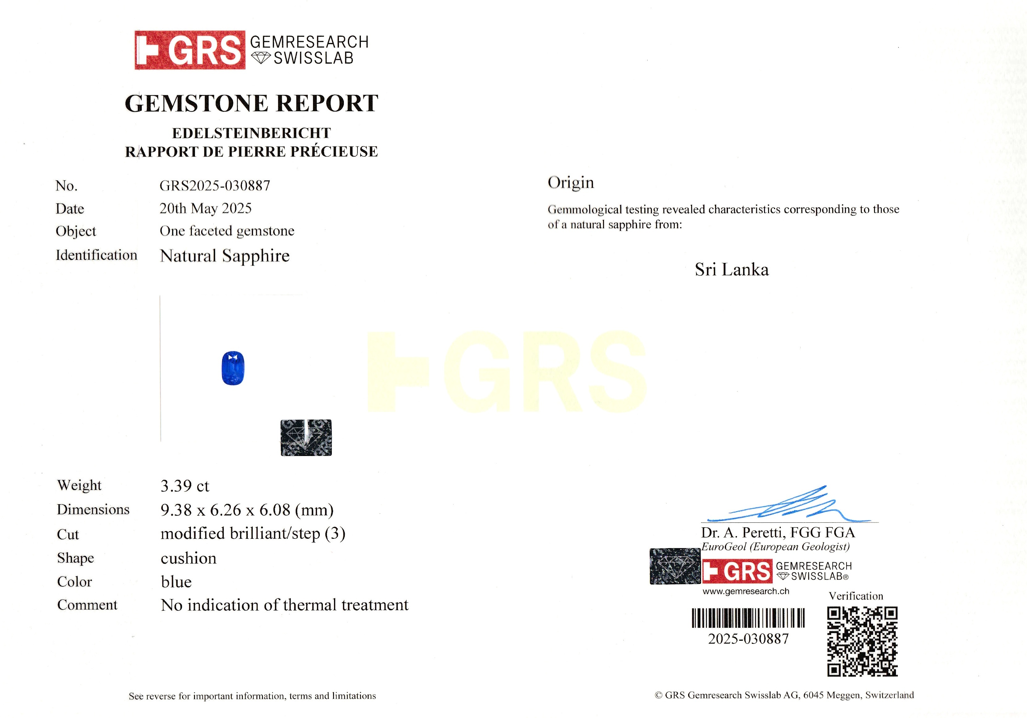 3.39 Ct. Blue Sapphire from Ceylon (Sri Lanka)