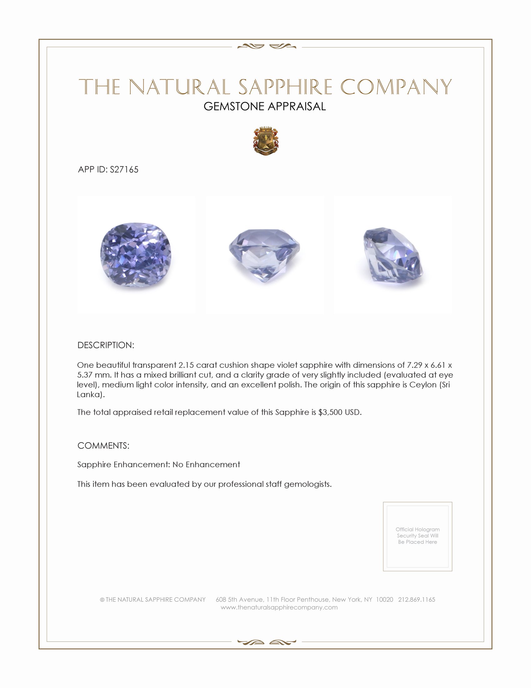 2.15 Ct. Violet Sapphire from Ceylon (Sri Lanka)