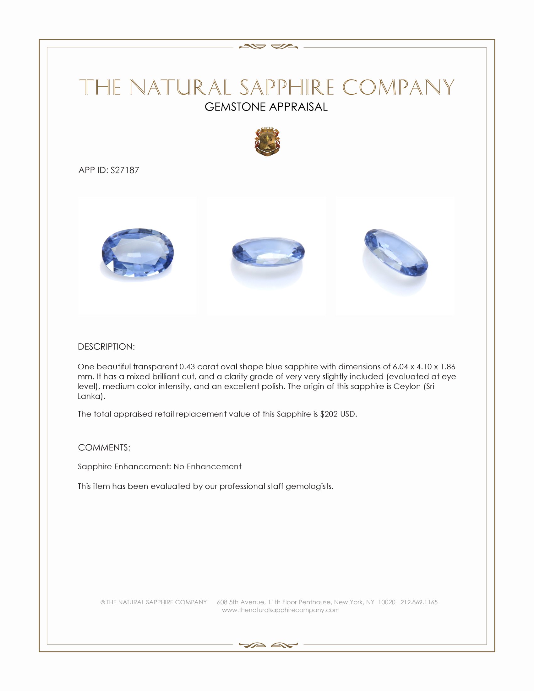 0.43 Ct. Blue Sapphire from Ceylon (Sri Lanka)