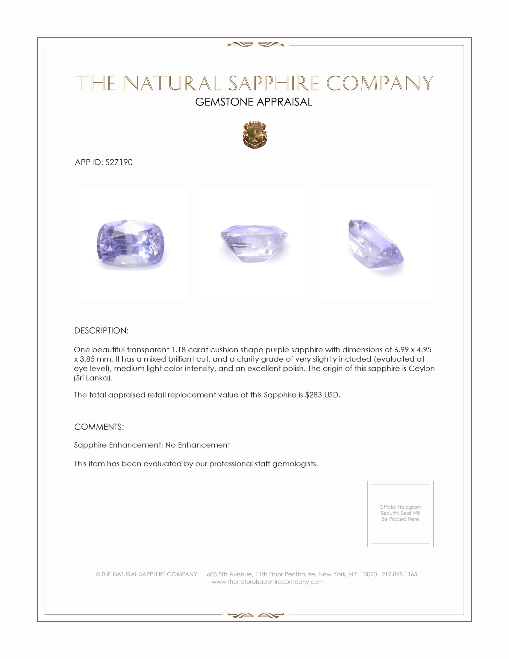 1.18 Ct. Purple Sapphire from Ceylon (Sri Lanka)