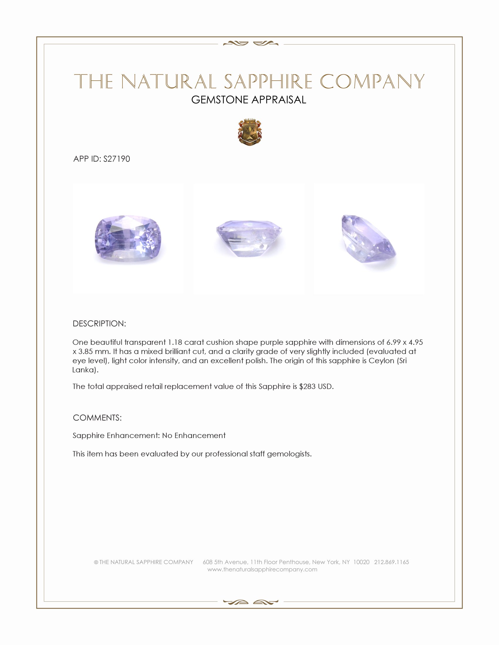 1.18 Ct. Purple Sapphire from Ceylon (Sri Lanka)