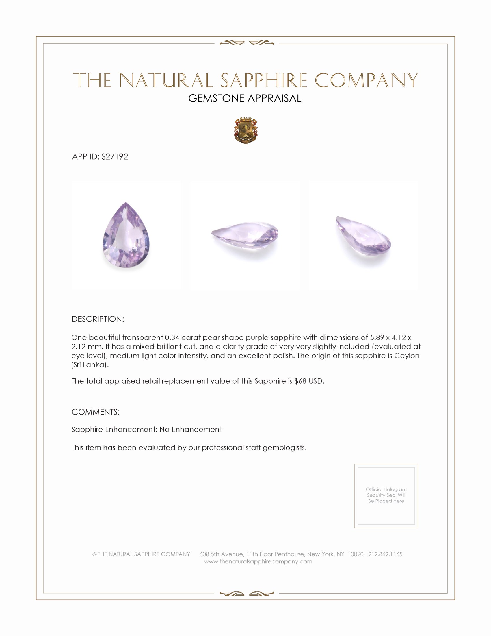 0.34 Ct. Purple Sapphire from Ceylon (Sri Lanka)