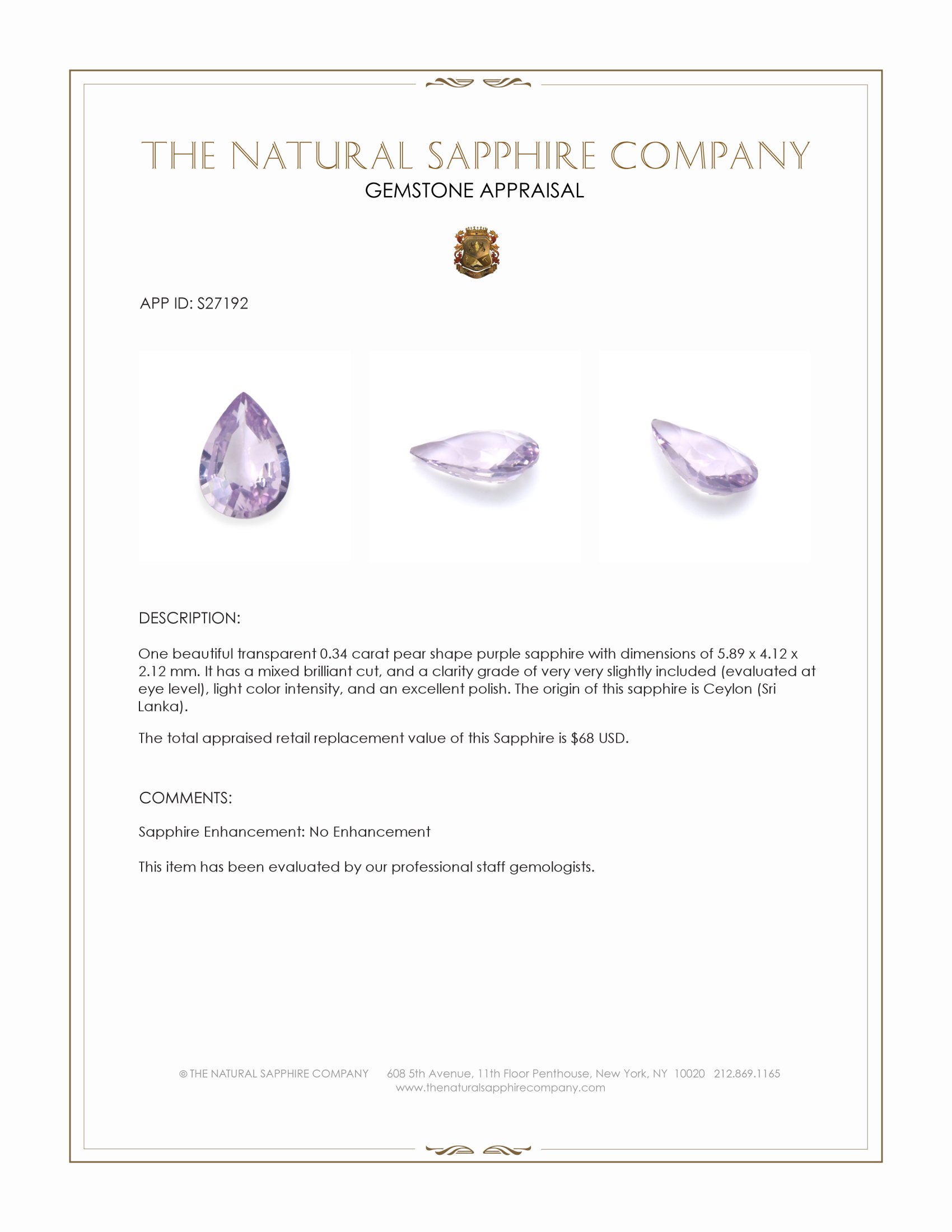 0.34 Ct. Purple Sapphire from Ceylon (Sri Lanka)