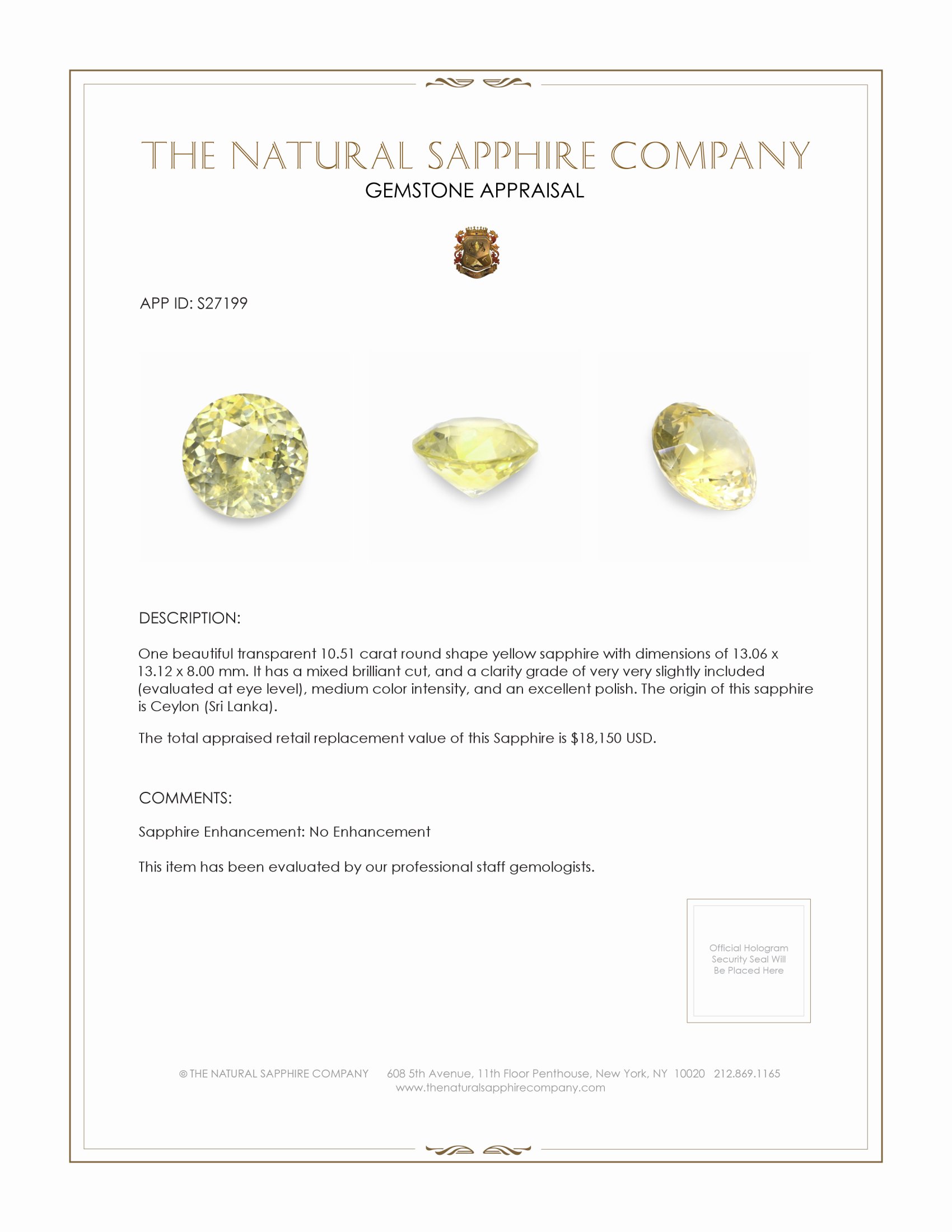 10.51 Ct. Yellow Sapphire from Ceylon (Sri Lanka)