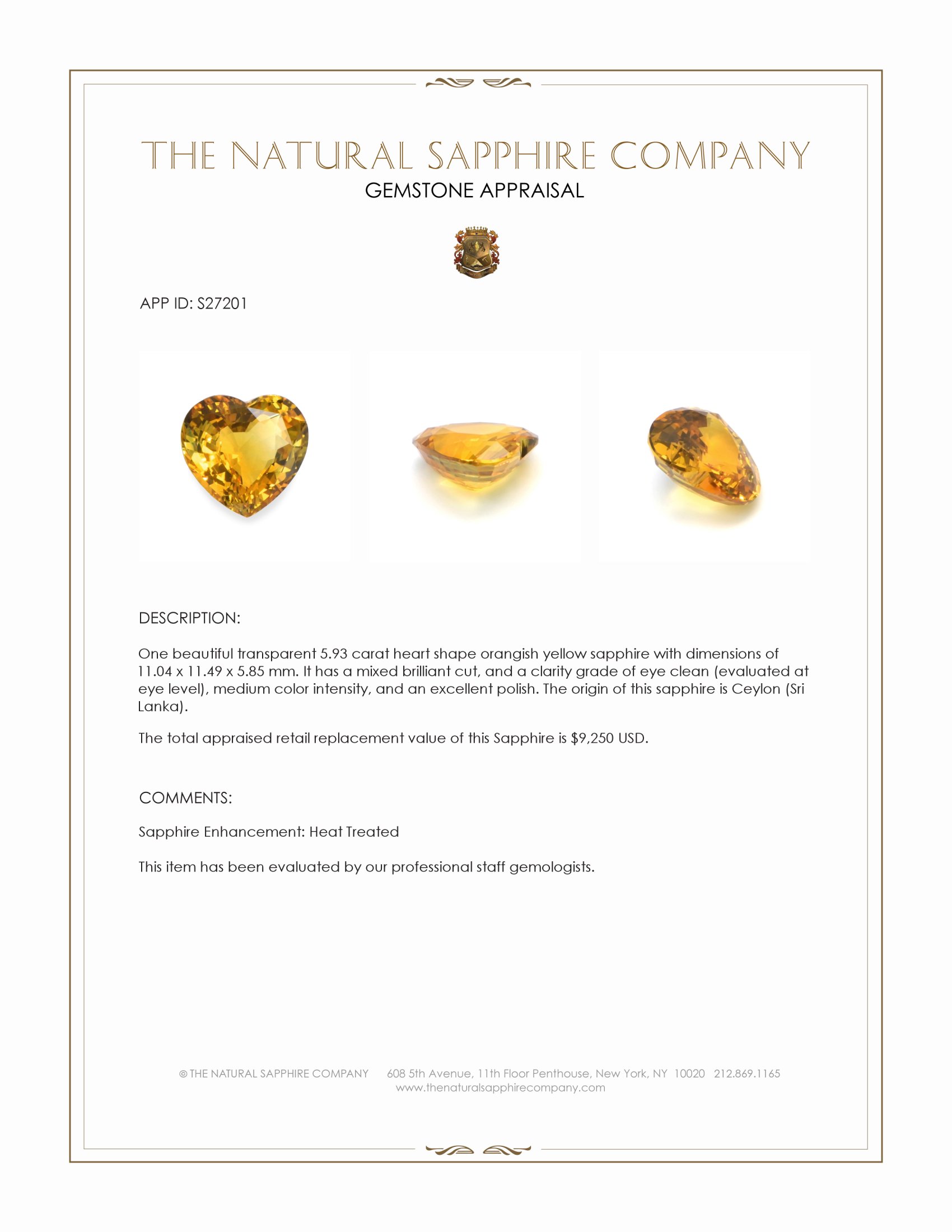 5.93 Ct. Orangish Yellow Sapphire from Ceylon (Sri Lanka)