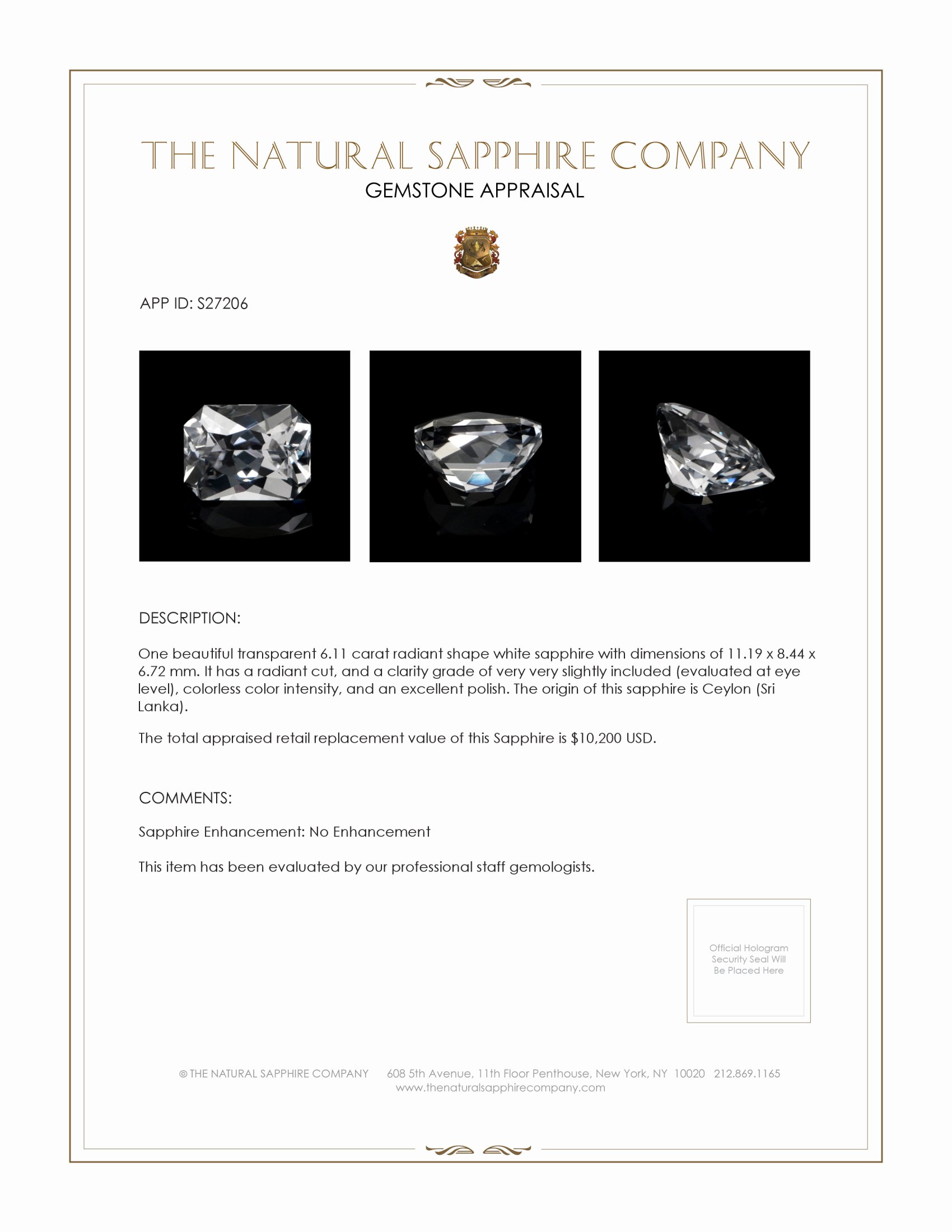 6.11 Ct. White Sapphire from Ceylon (Sri Lanka)