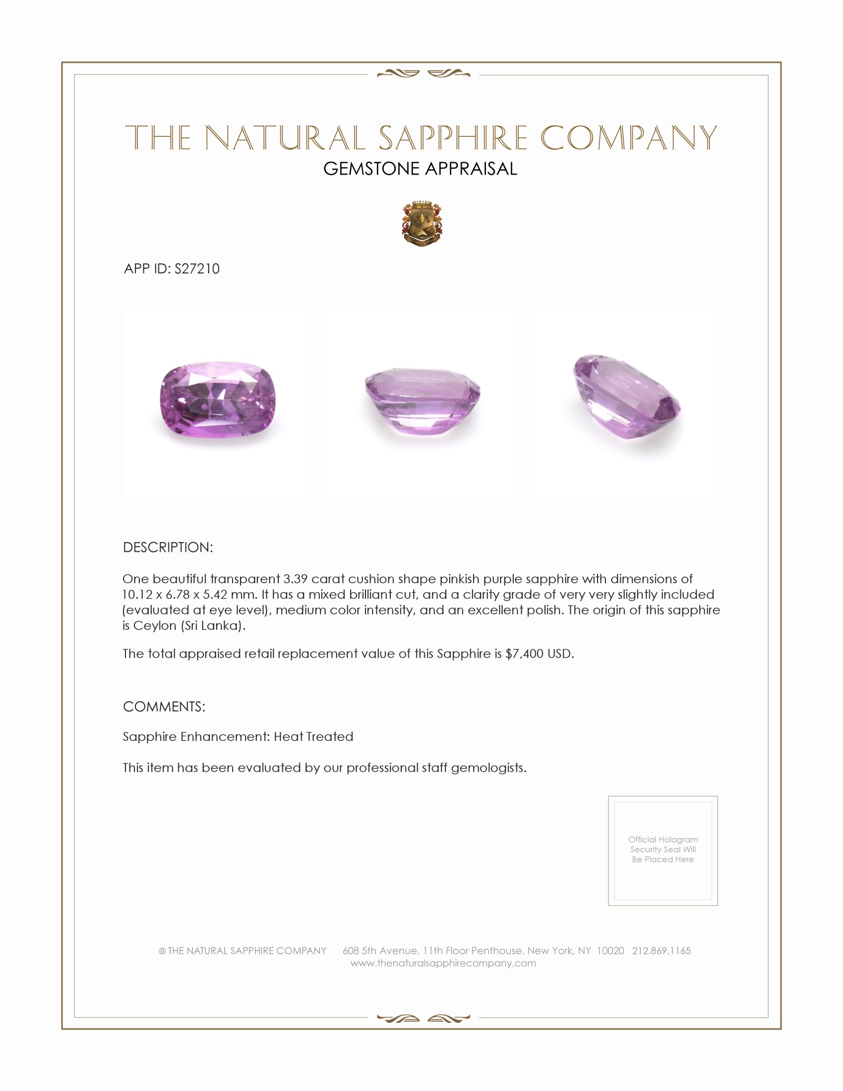 3.39 Ct. Pinkish Purple Sapphire from Ceylon (Sri Lanka)